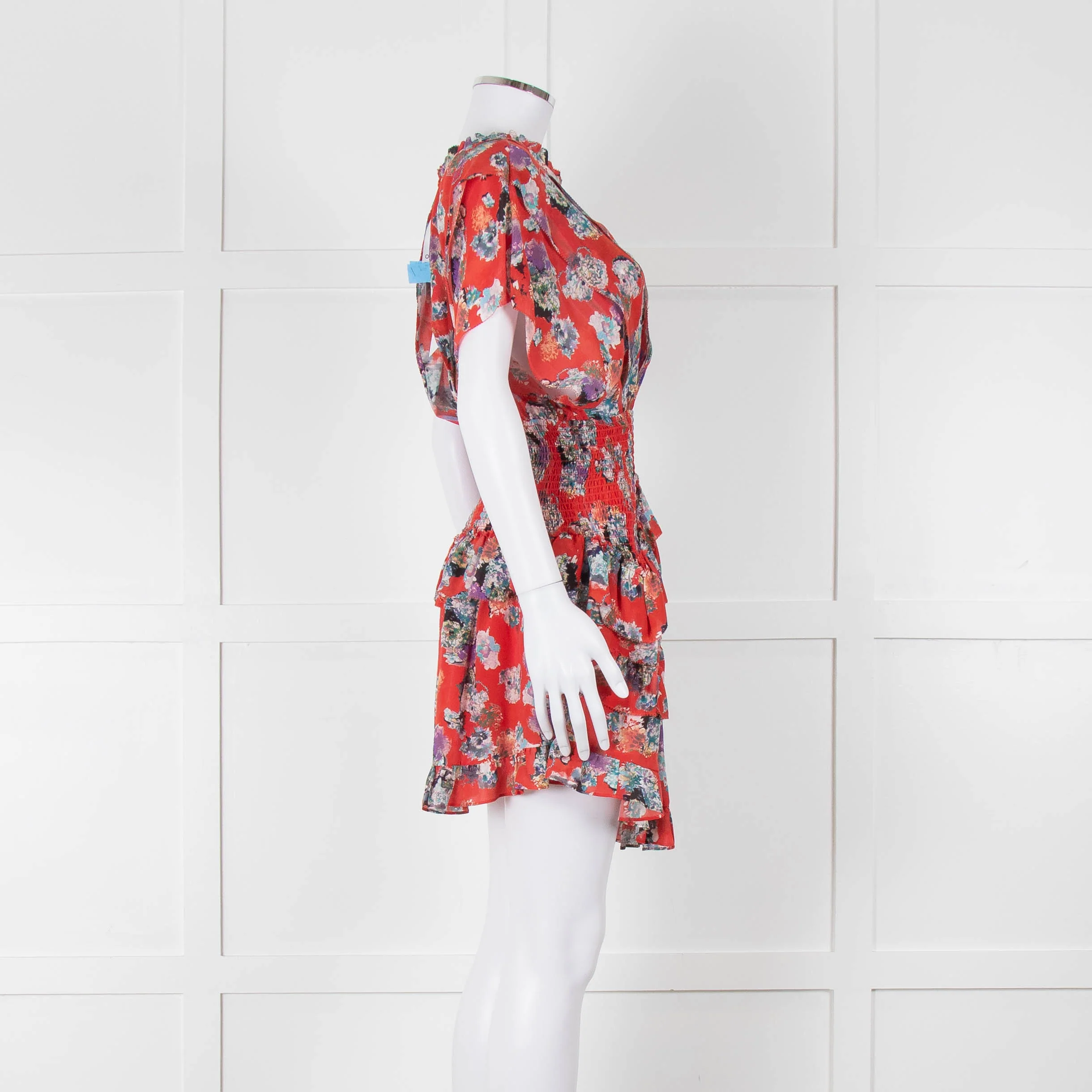 IRO Red Silk Short Sleeve Mini Dress with Smocked Waist - Image 3