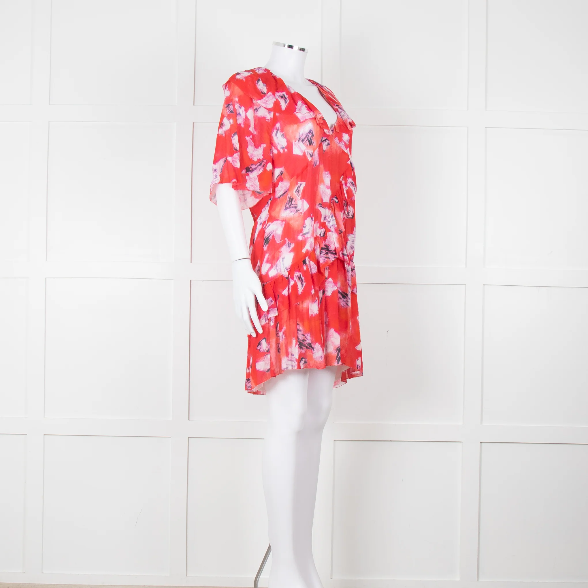 Iro Red White Print Frill Detail Short Sleeve Mini Dress - Image 2