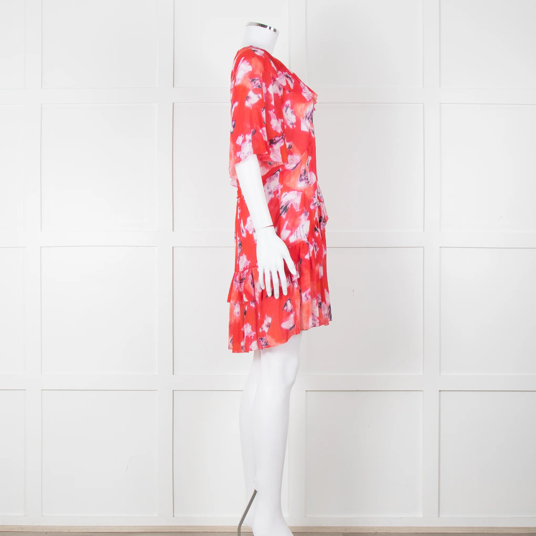 Iro Red White Print Frill Detail Short Sleeve Mini Dress - Image 3