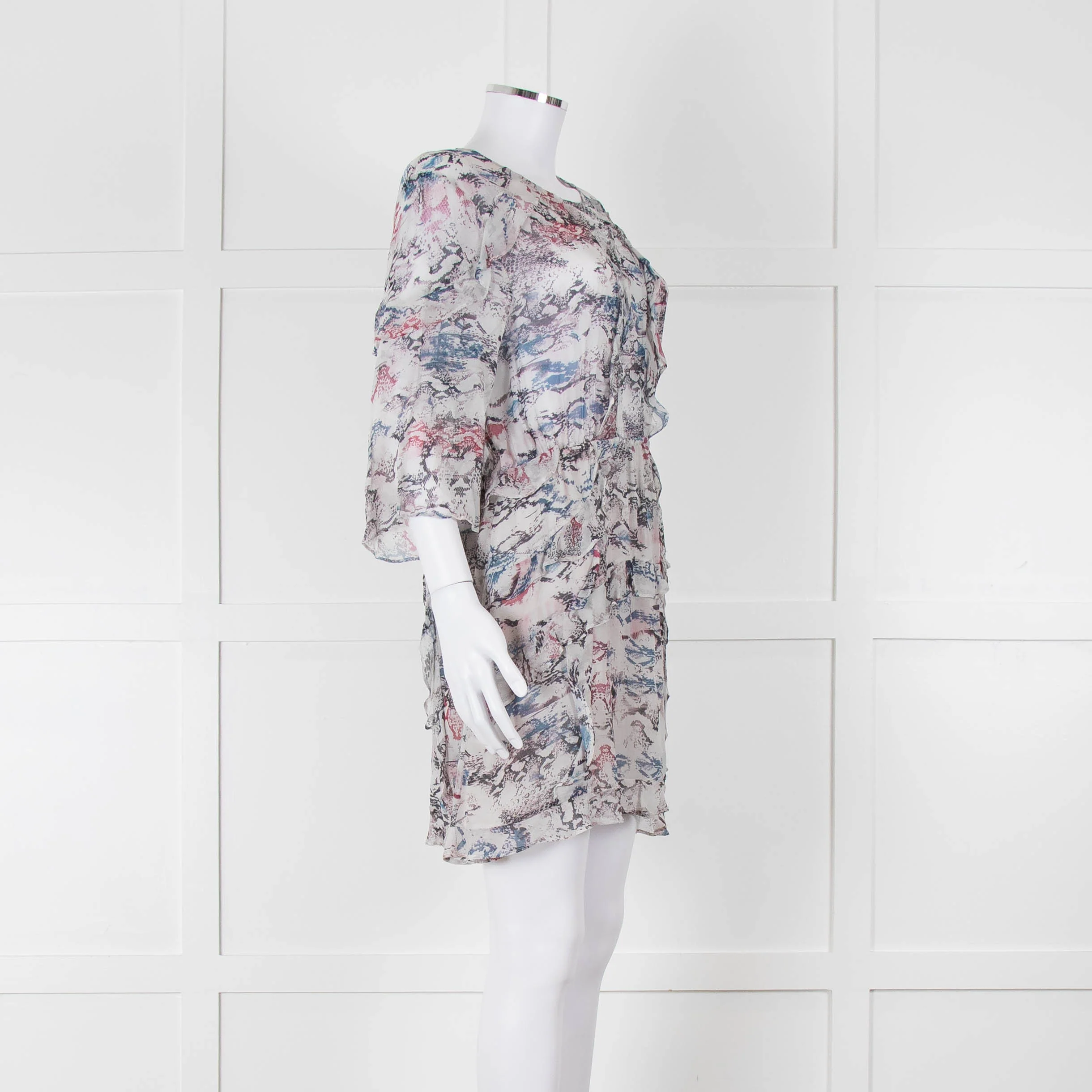 IRO Grey Sheer Mini Dress with Blue and Pink Print and Lace up Back - Image 2