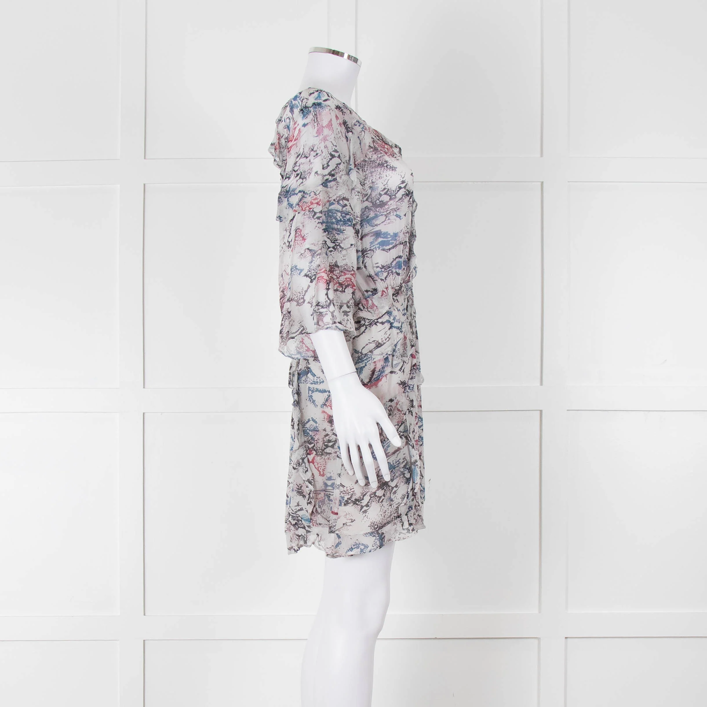 IRO Grey Sheer Mini Dress with Blue and Pink Print and Lace up Back - Image 3
