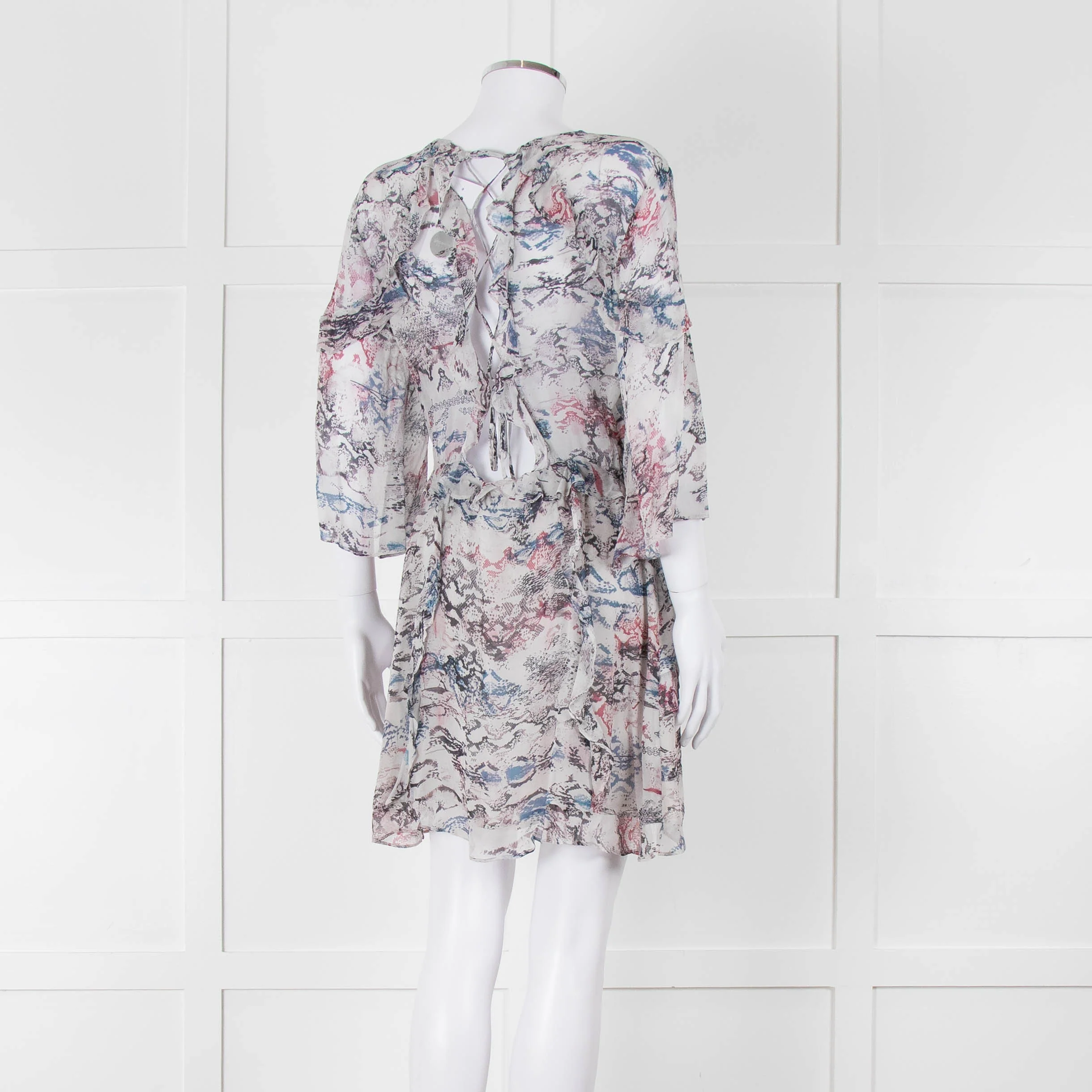 IRO Grey Sheer Mini Dress with Blue and Pink Print and Lace up Back - Image 4