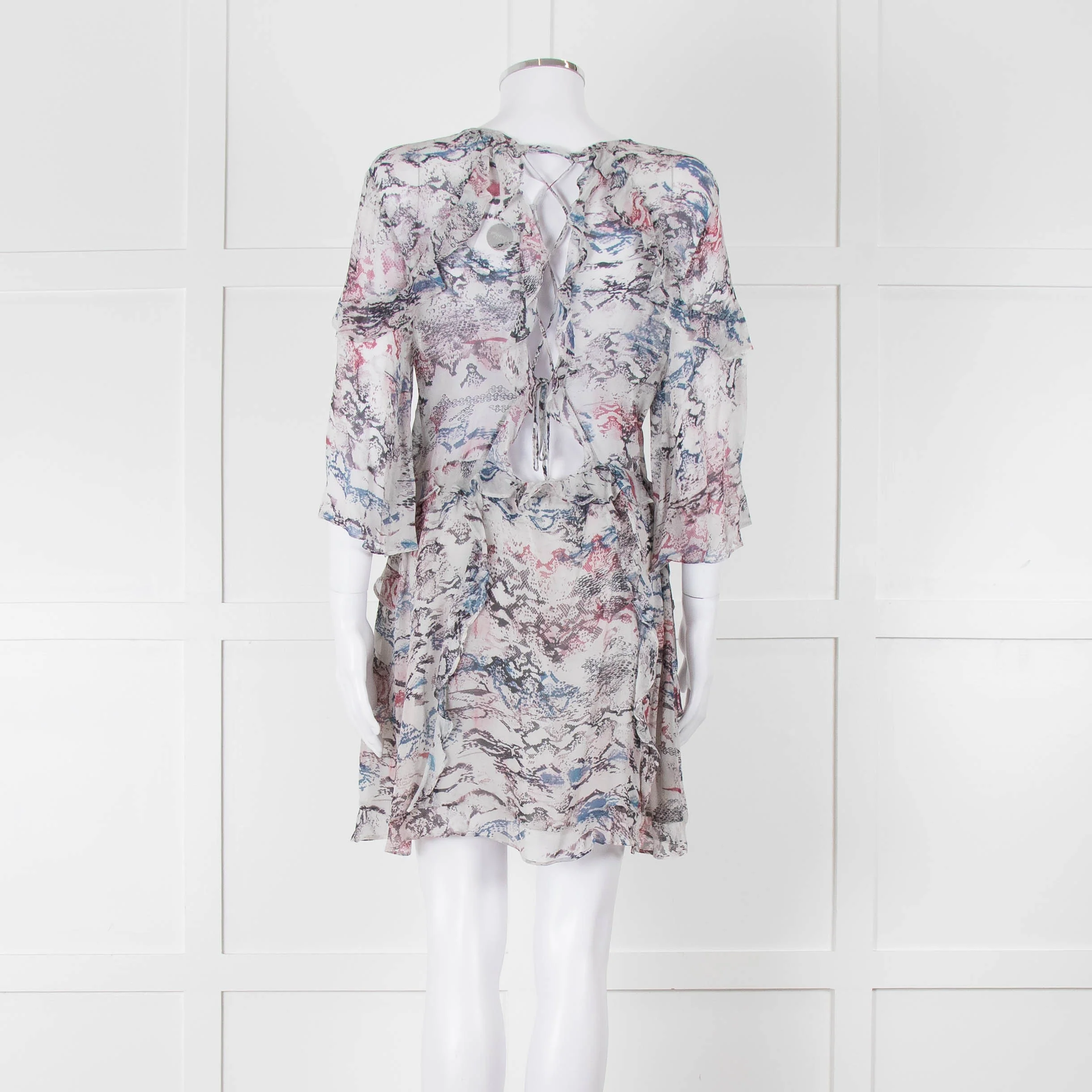 IRO Grey Sheer Mini Dress with Blue and Pink Print and Lace up Back - Image 5