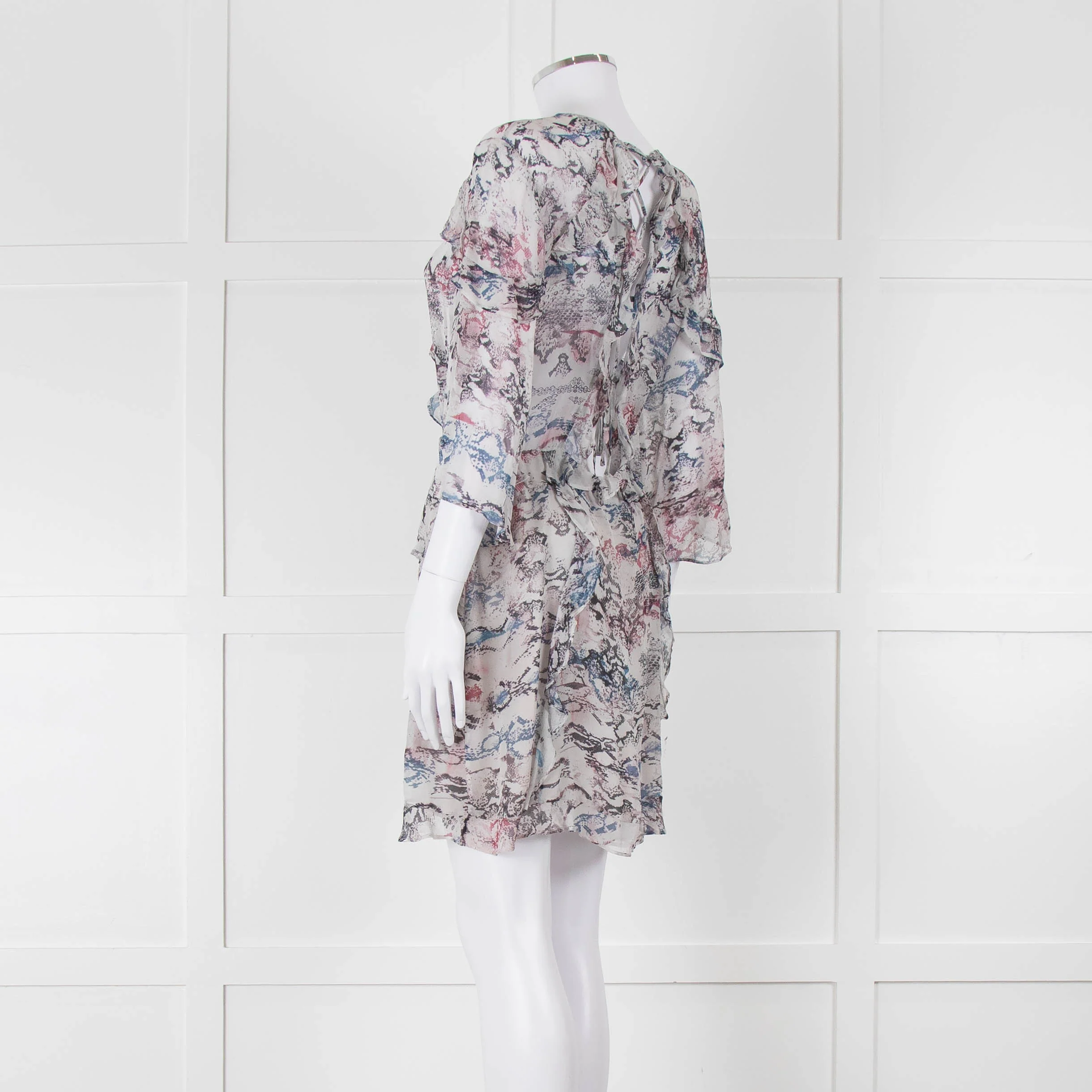 IRO Grey Sheer Mini Dress with Blue and Pink Print and Lace up Back - Image 6