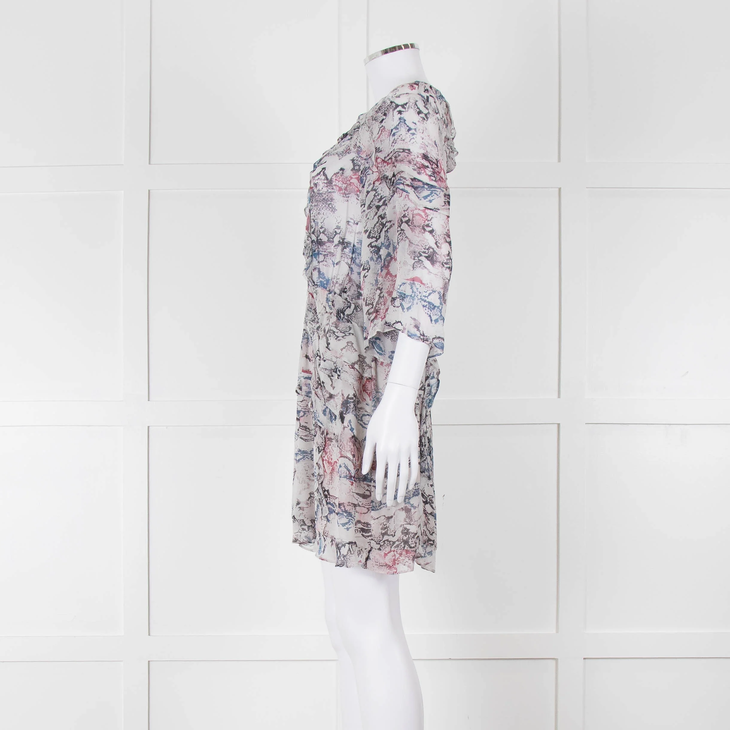 IRO Grey Sheer Mini Dress with Blue and Pink Print and Lace up Back - Image 7