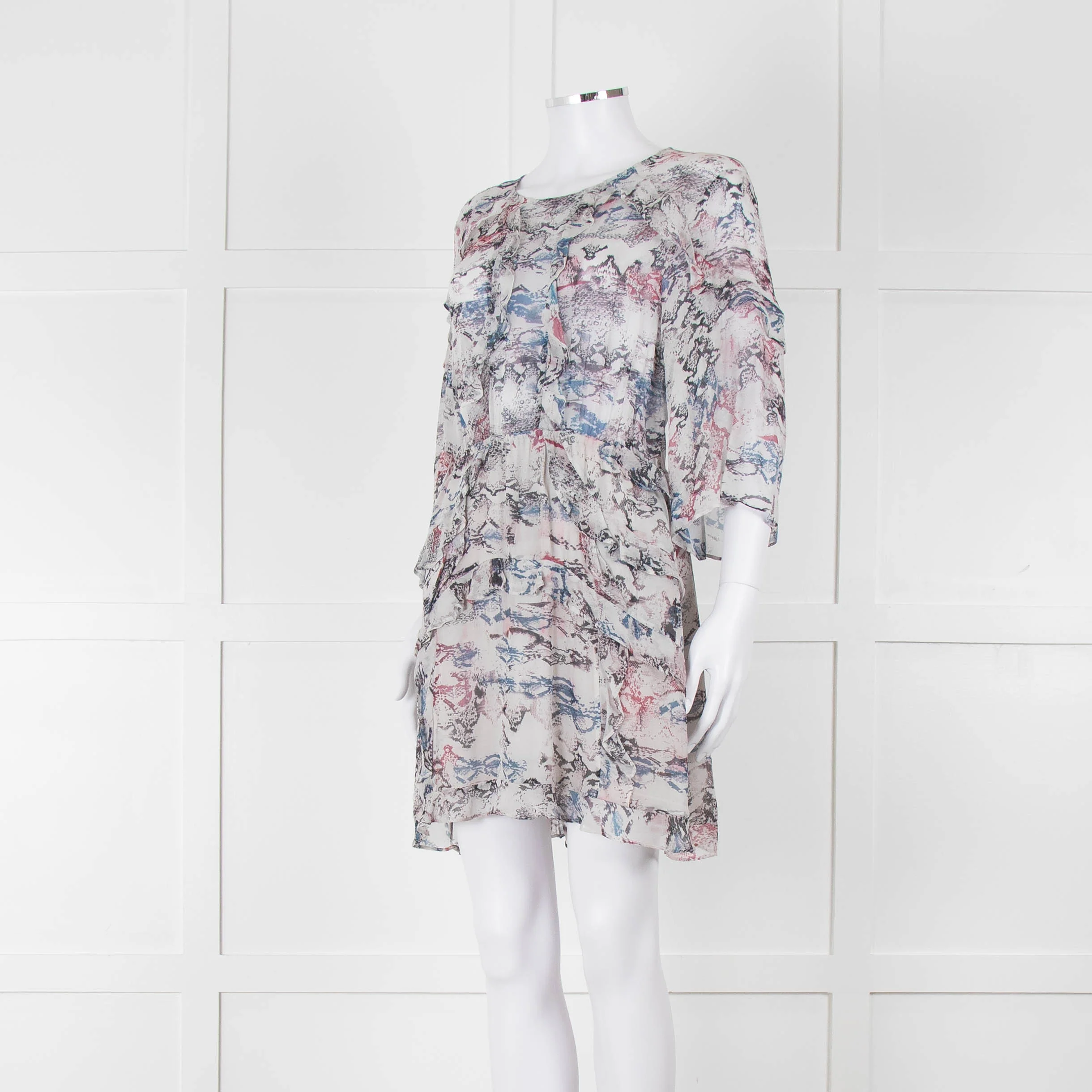 IRO Grey Sheer Mini Dress with Blue and Pink Print and Lace up Back - Image 8