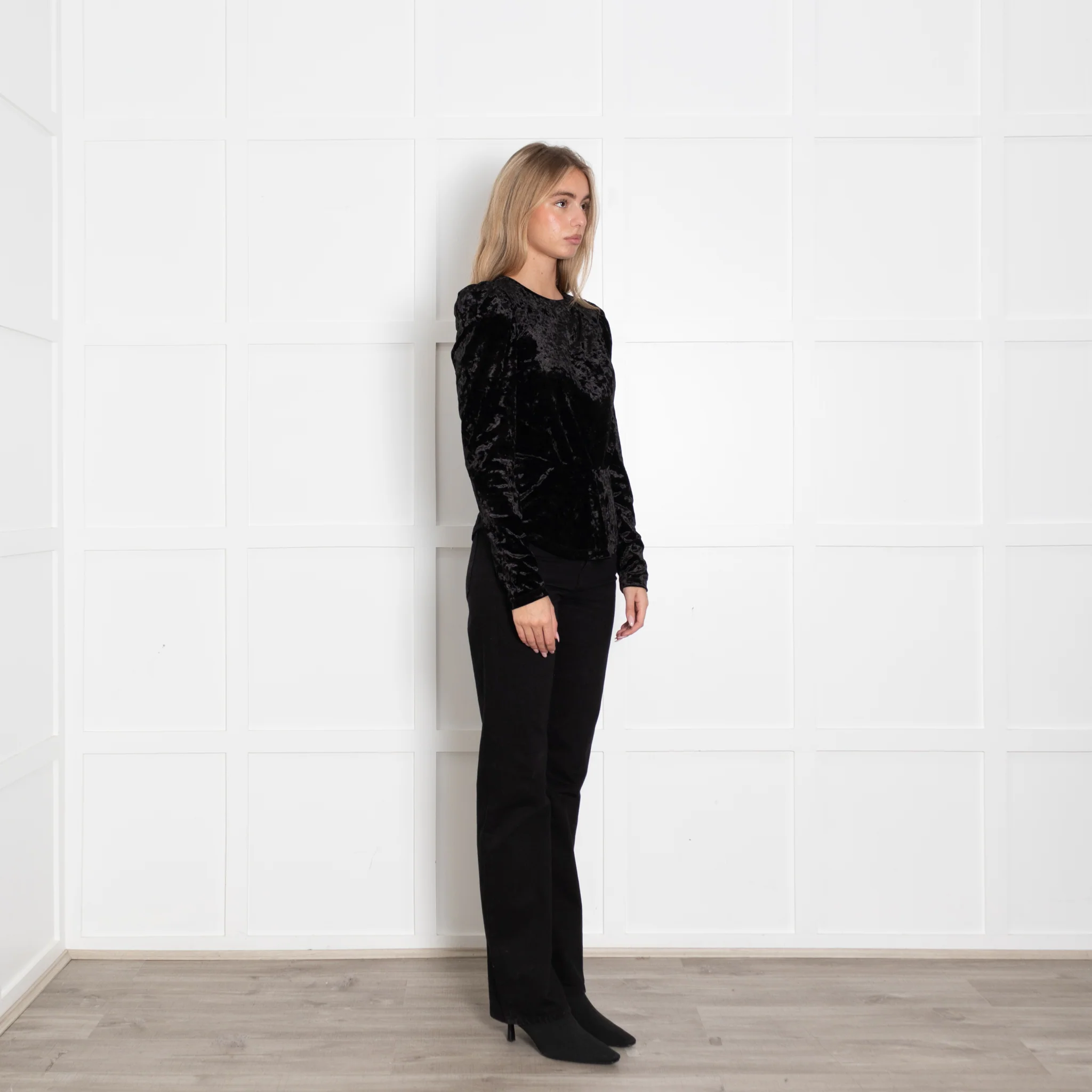 Isabel Marant Black Crushed Velvet Flared Long Sleeve Top - Image 8