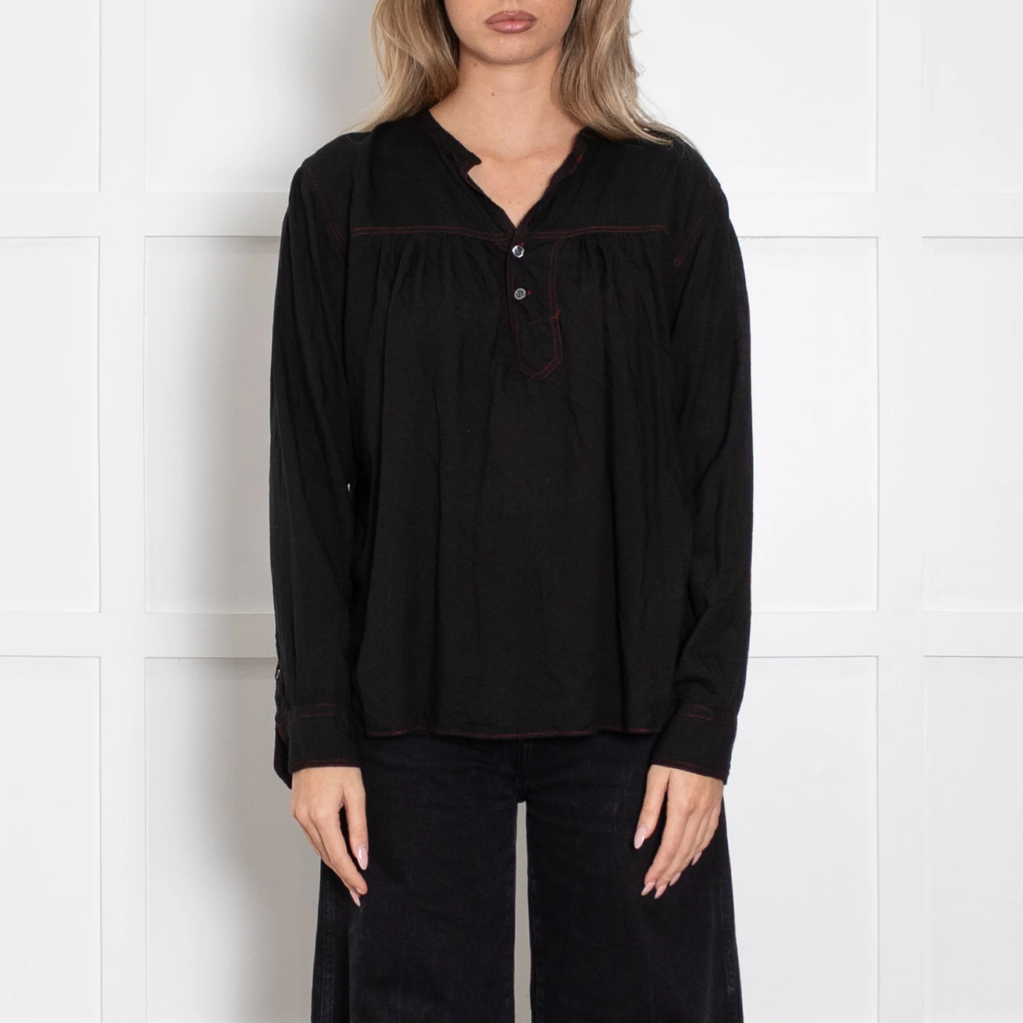 Isabel Marant Etoile Black Modal Blouse With Red Stitching - Image 2