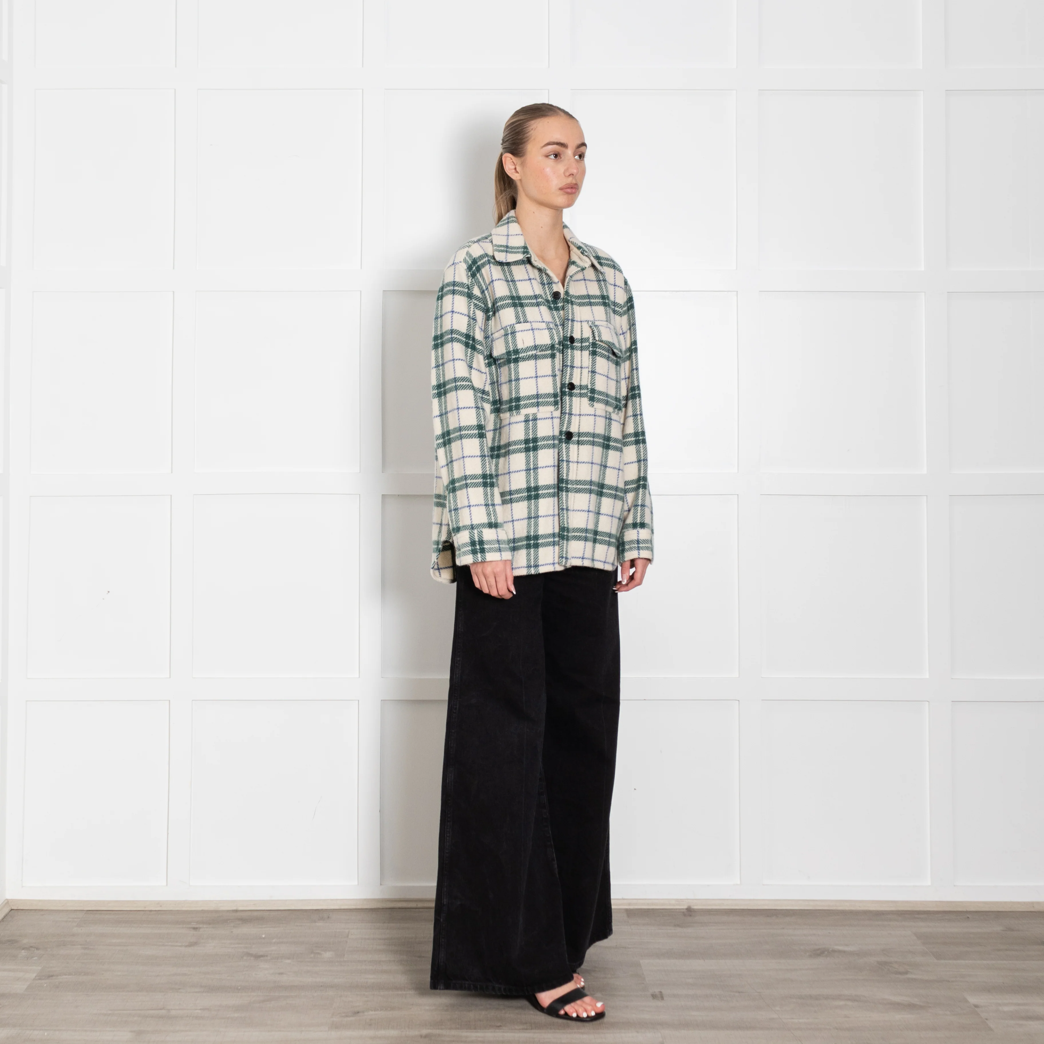 Isabel Marant Etoile Cream Green Check Wool Shirt - Image 7