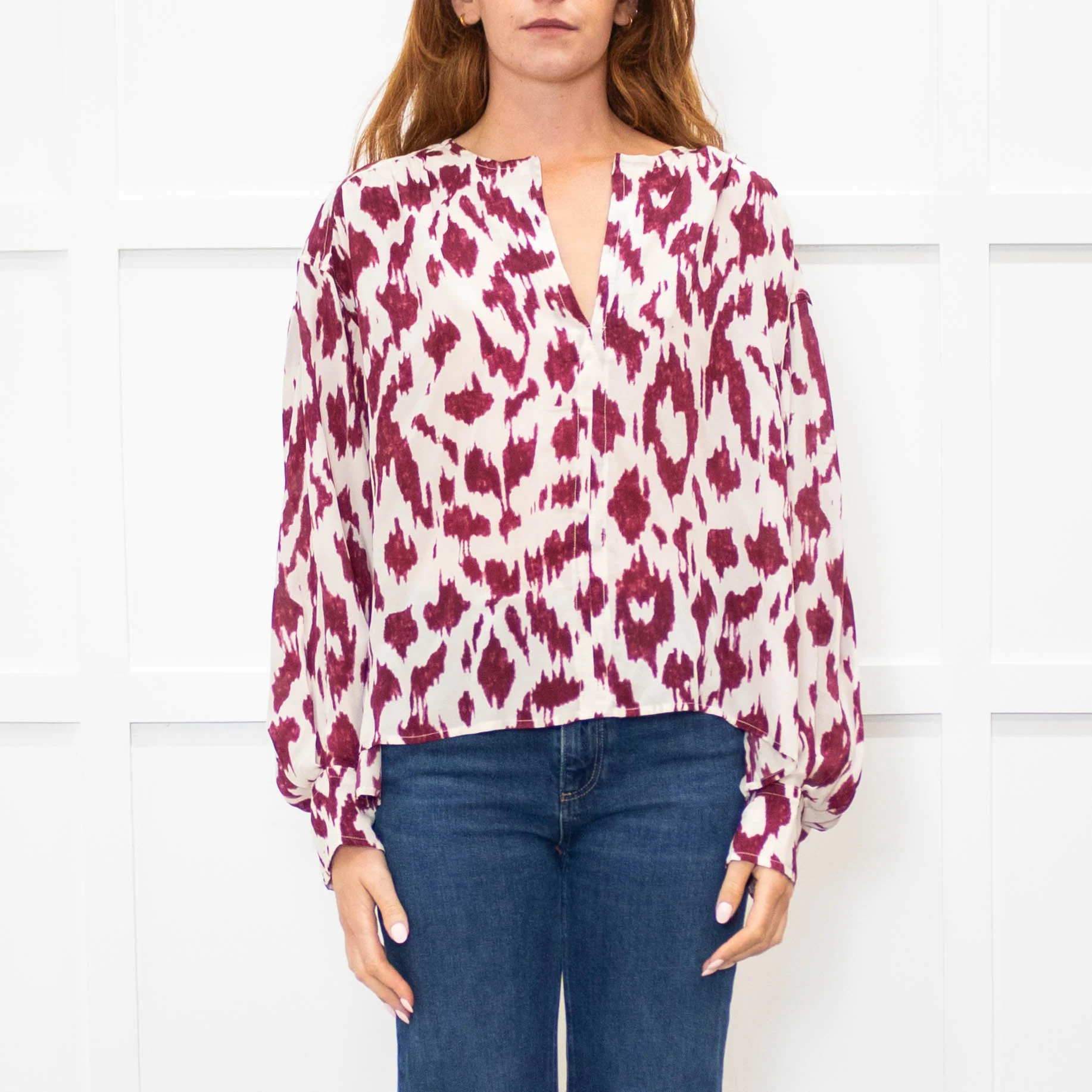 Isabel Marant Etoile Cream Burgundy Silk Oversized Blouse - Image 2