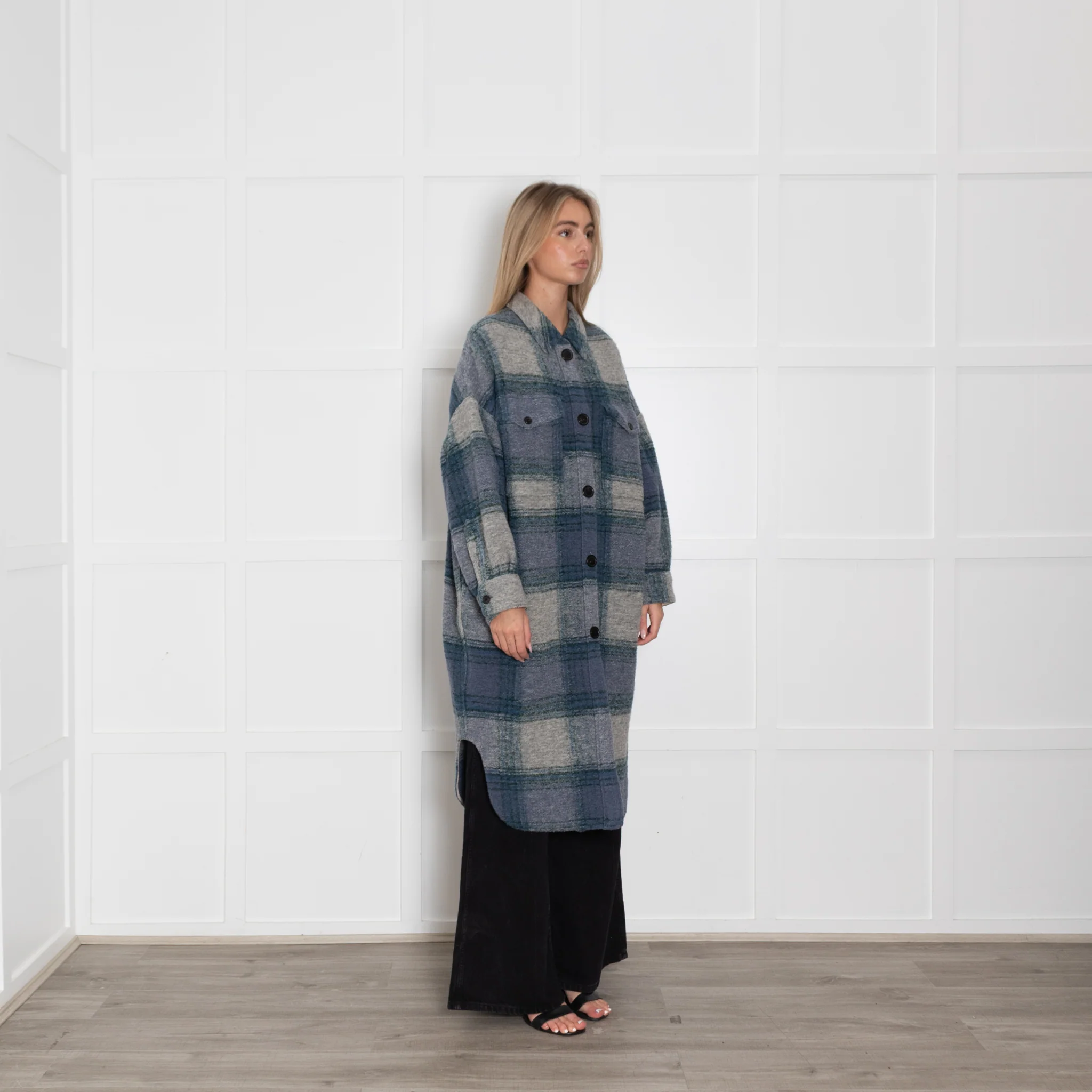 Isabel Marant Etoile Grey Blue Green Oversized Check Coat - Image 7