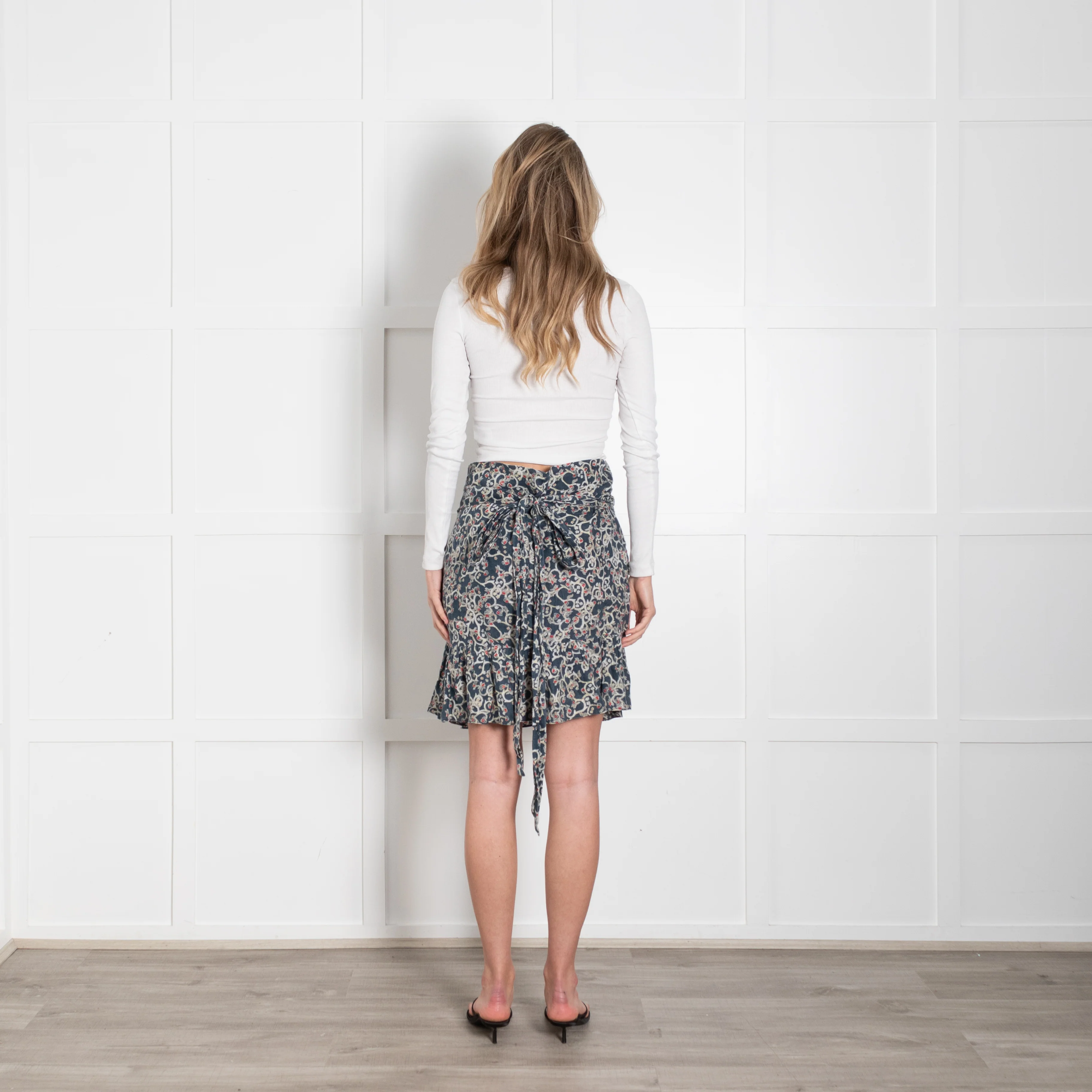 Isabel Marant Etoile Teal White Print Linen Frill Trim Wrap Mini Skirt - Image 6