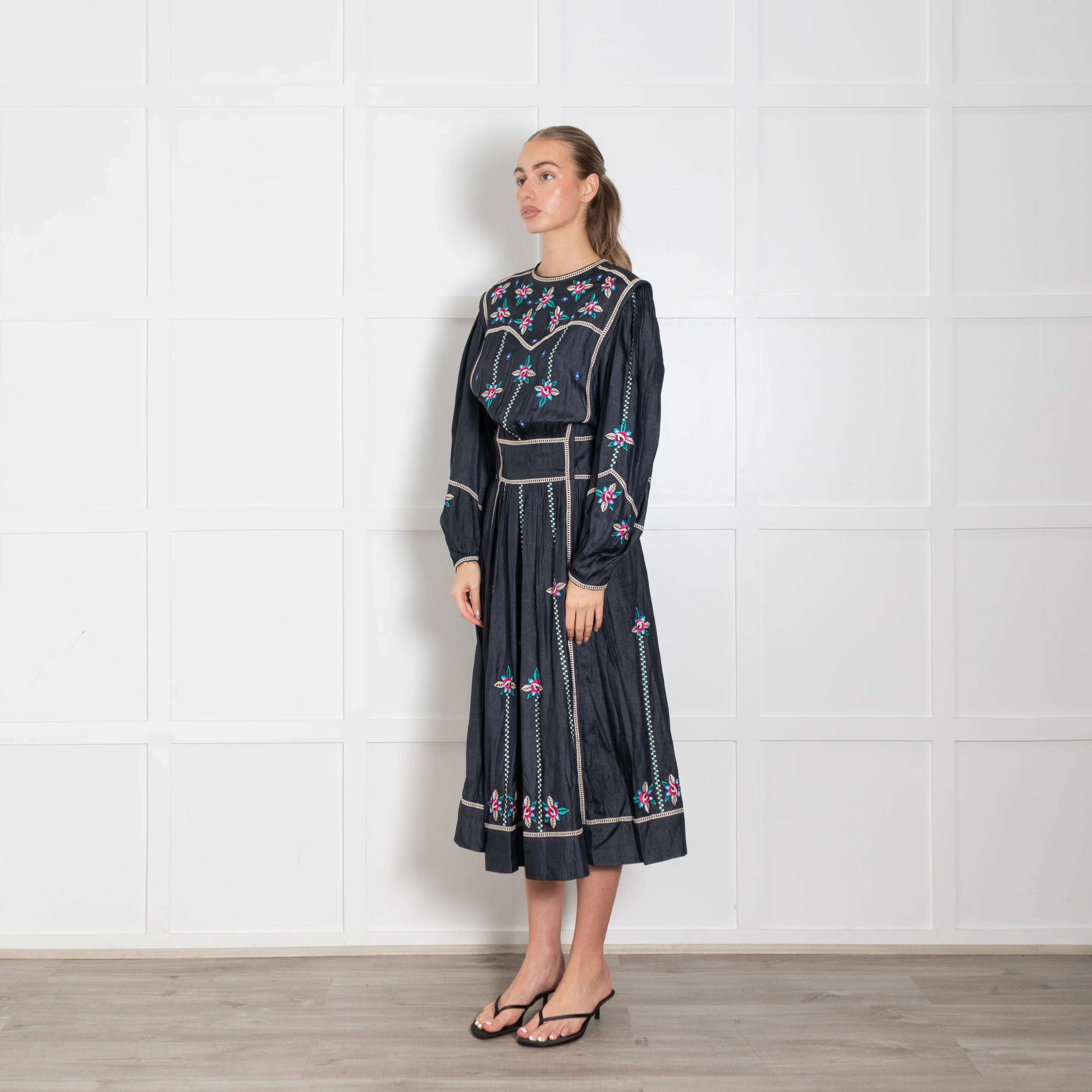 Isabel Marant Navy Blue Silk Embroidered Long Sleeve Dress - Image 3
