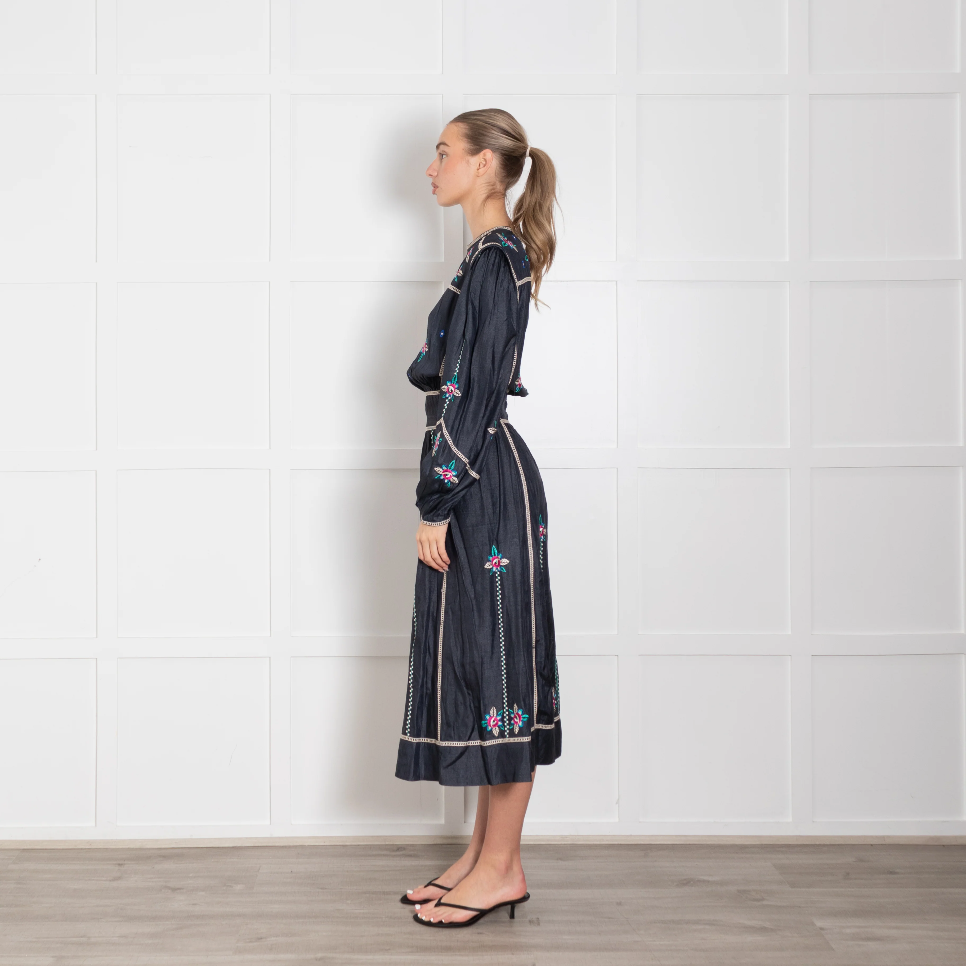 Isabel Marant Navy Blue Silk Embroidered Long Sleeve Dress - Image 4