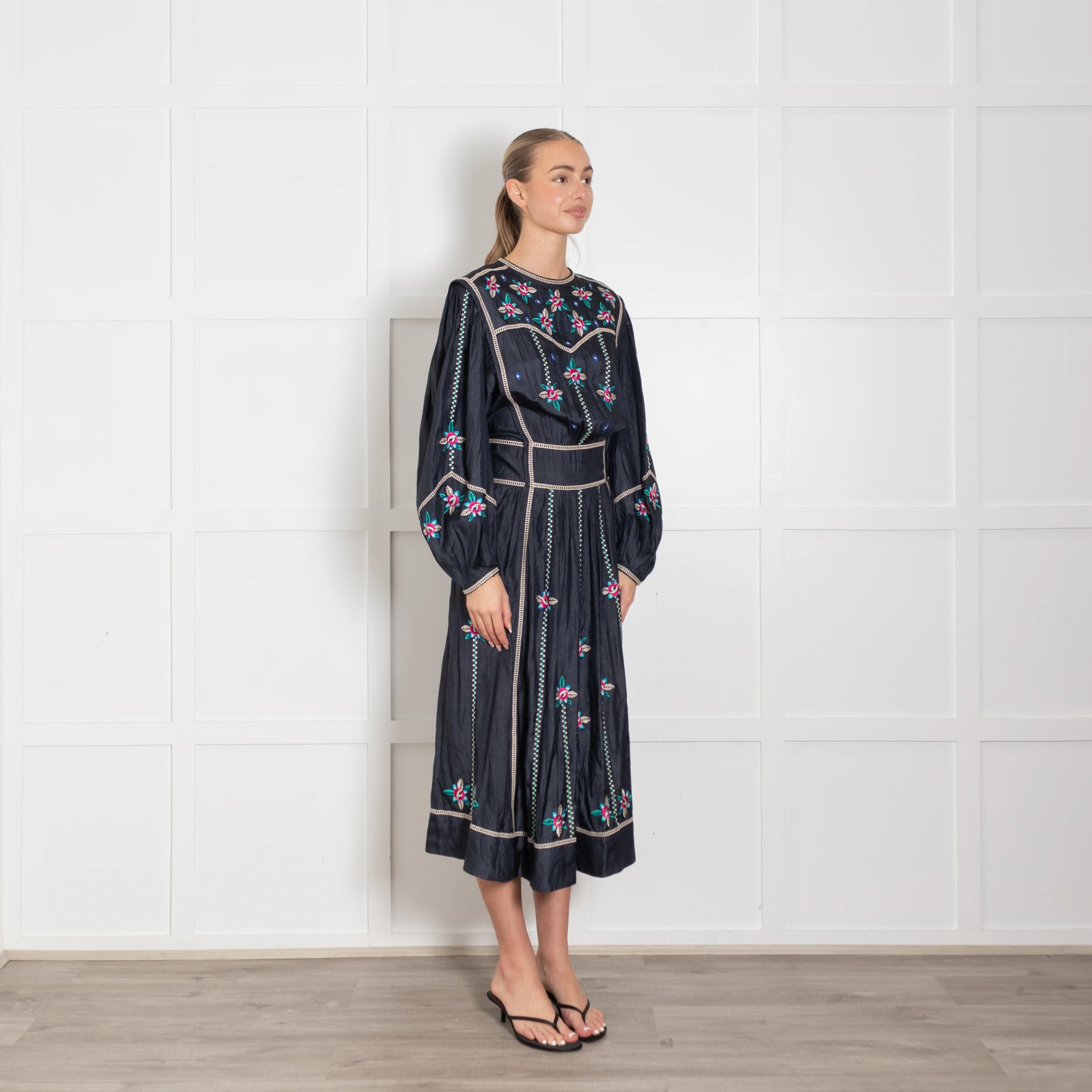 Isabel Marant Navy Blue Silk Embroidered Long Sleeve Dress - Image 7