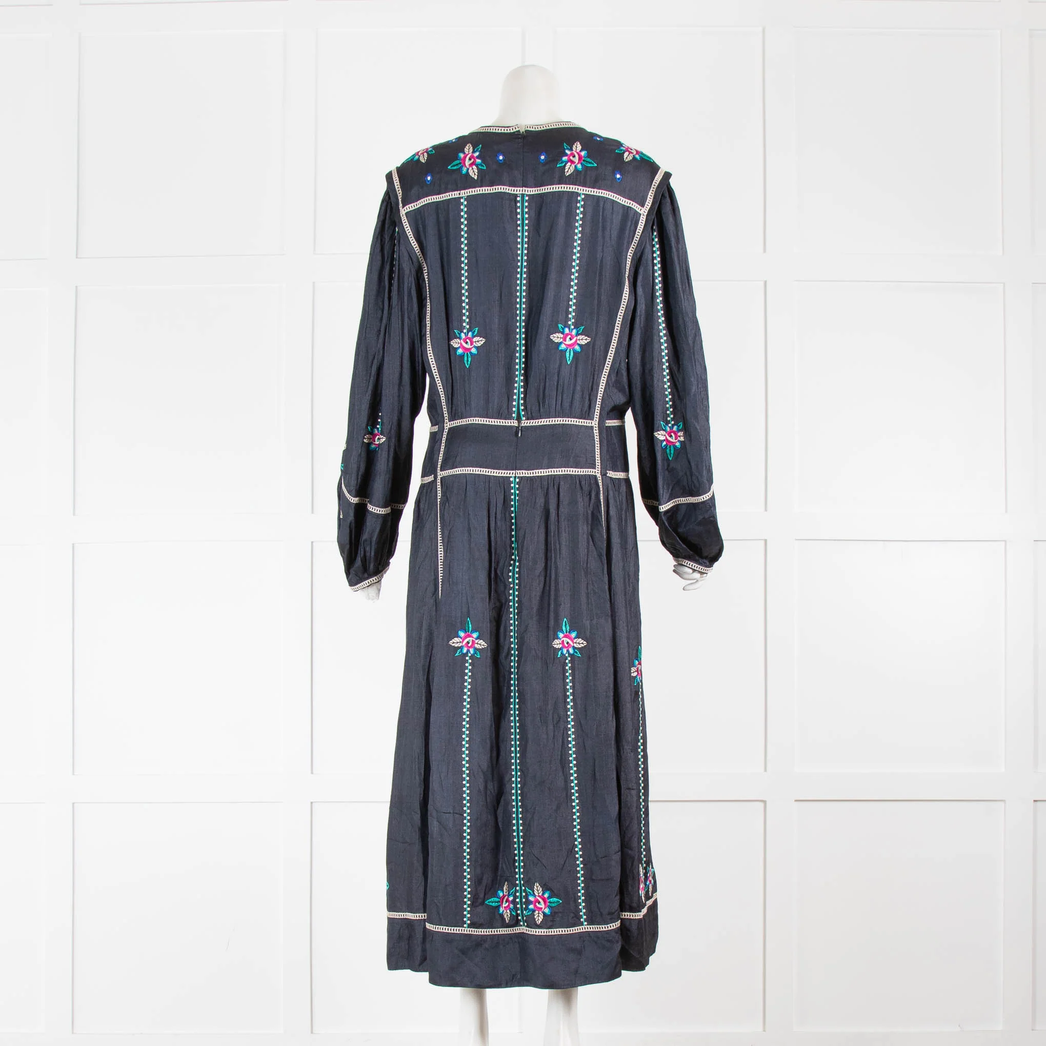 Isabel Marant Navy Silk With Floral Embroidery Print Dress - Image 3