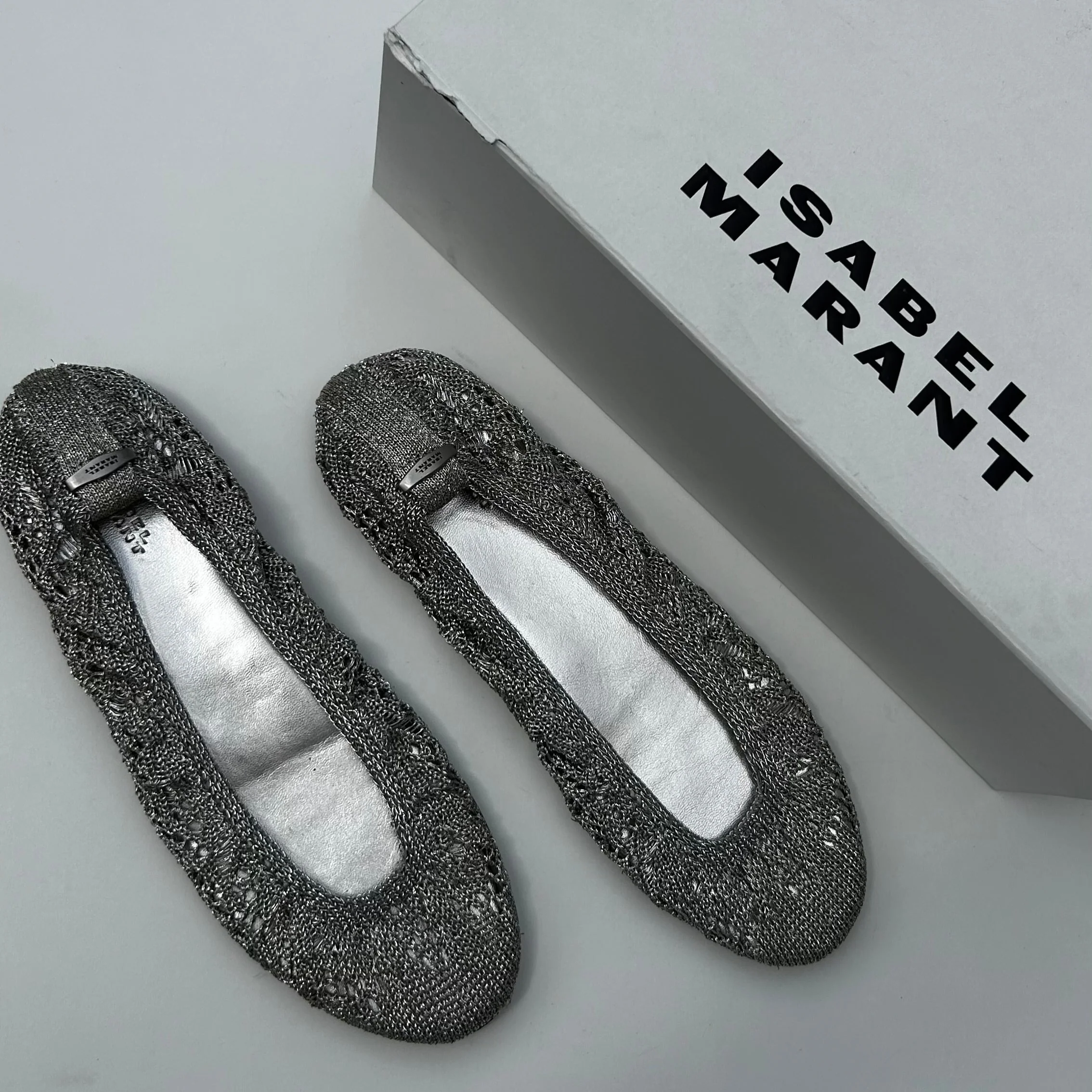 Isabel Marant Silver Belna Metallic Crochet Ballet Flats - Image 2