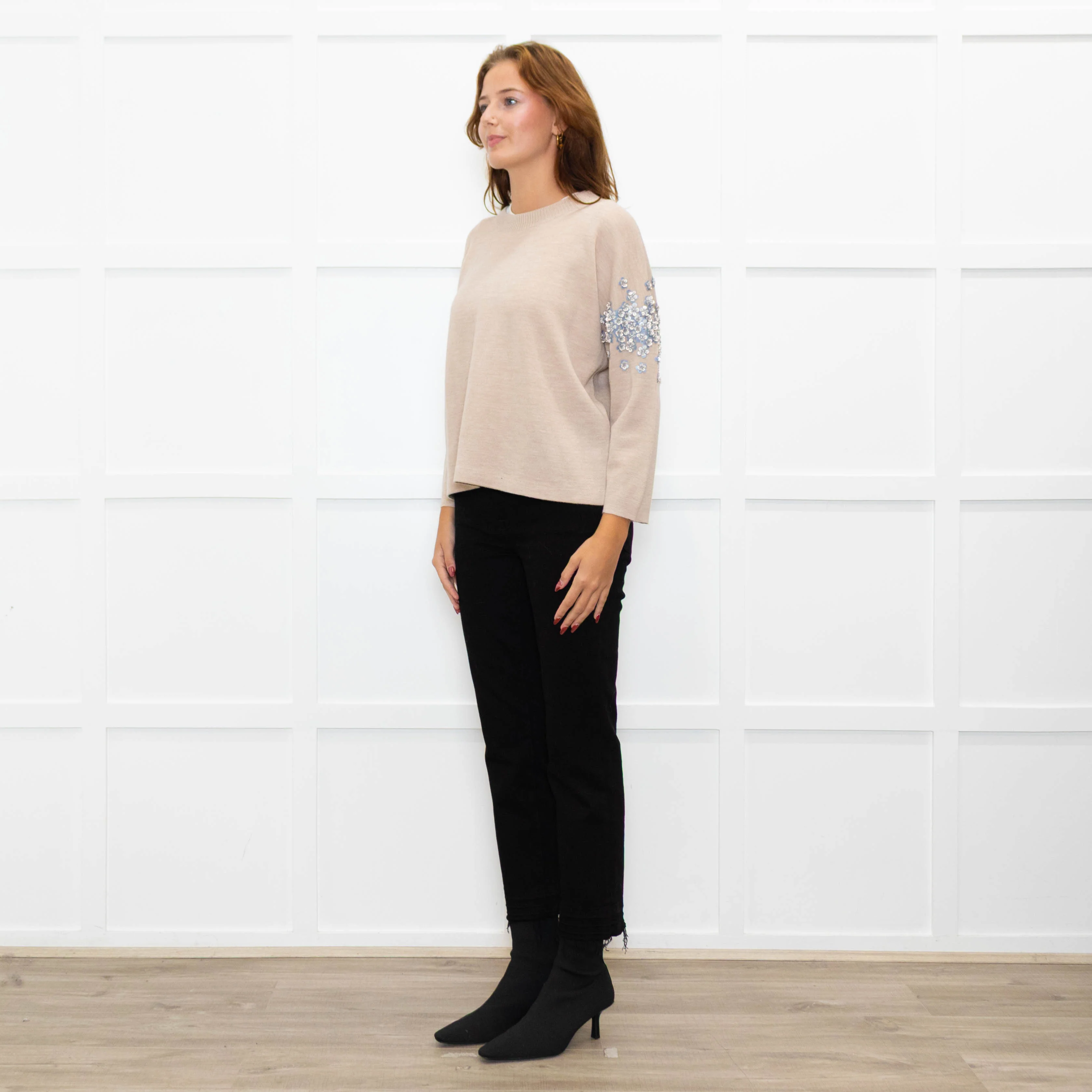 J Crew Beige Embellished Sleeve Sweater - Image 3