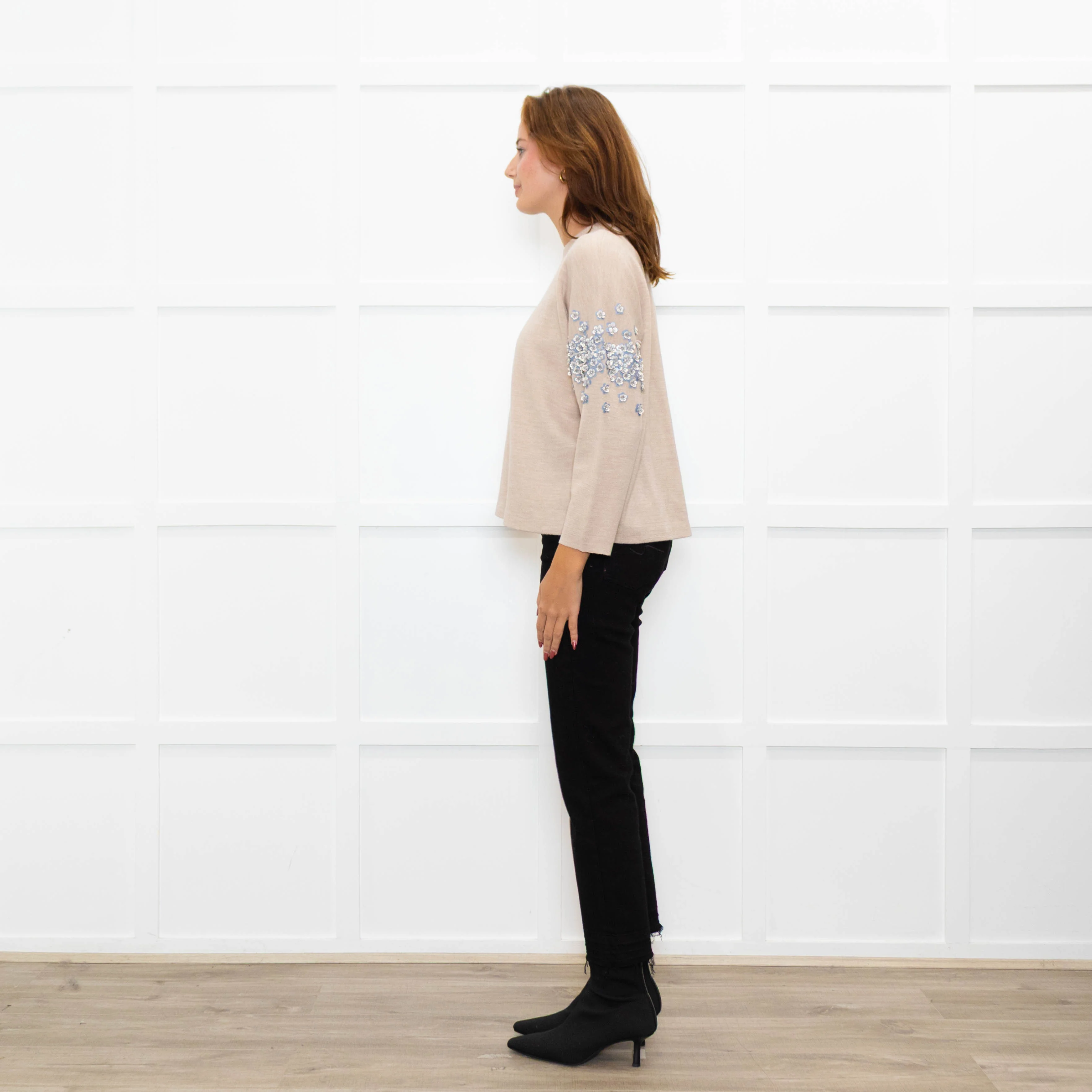 J Crew Beige Embellished Sleeve Sweater - Image 4