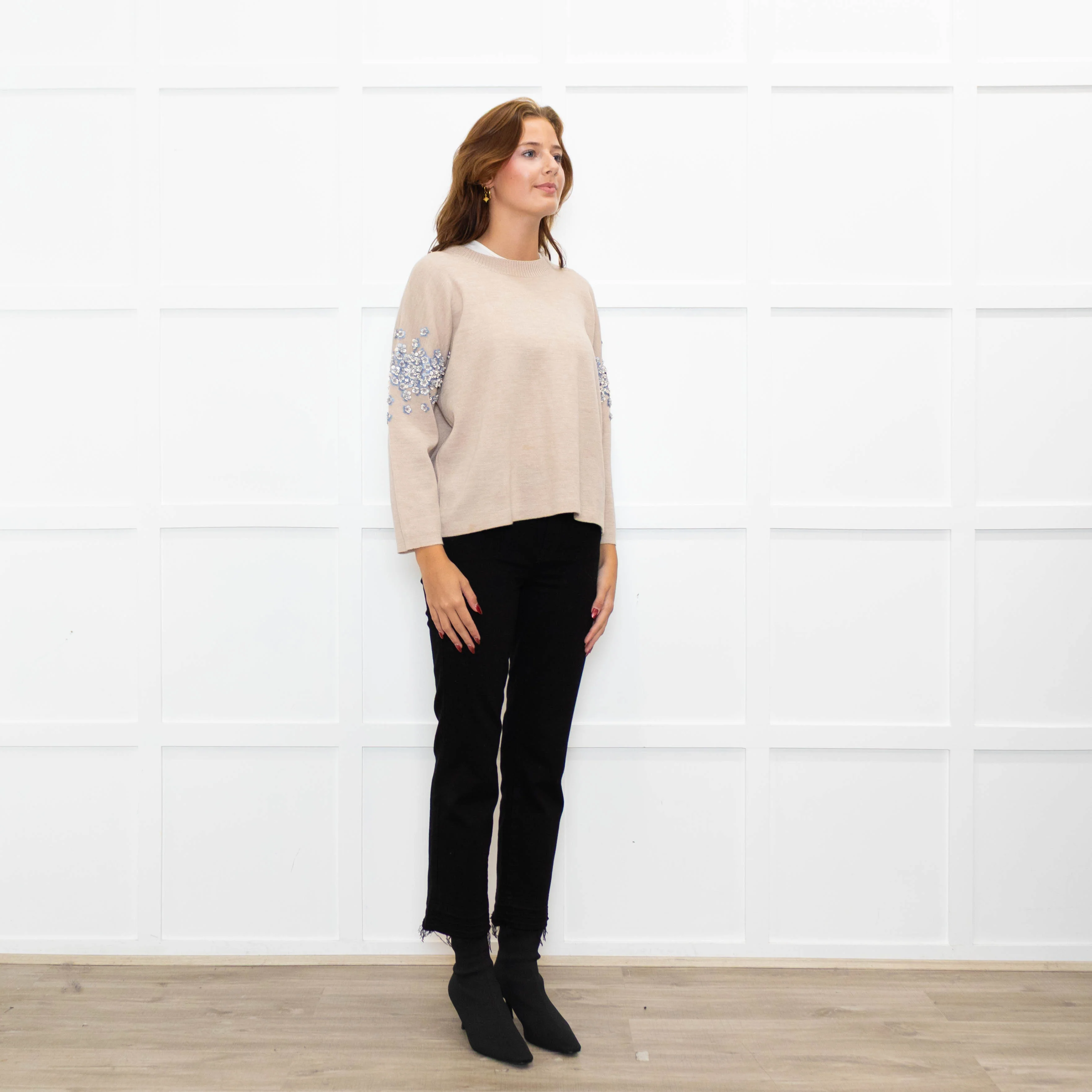 J Crew Beige Embellished Sleeve Sweater - Image 7