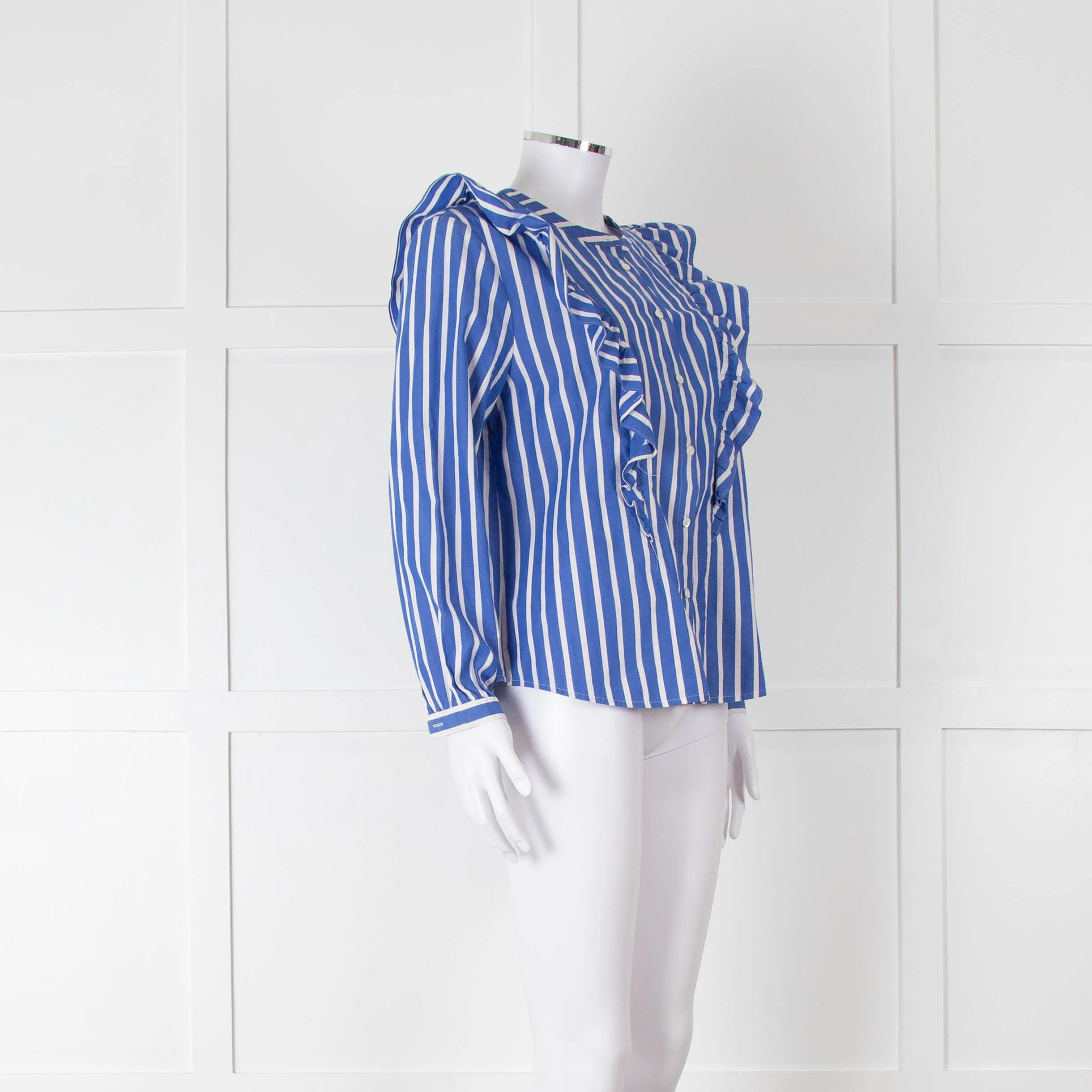 J Crew Blue and White Frill Detail Collarless Shirt - Image 2