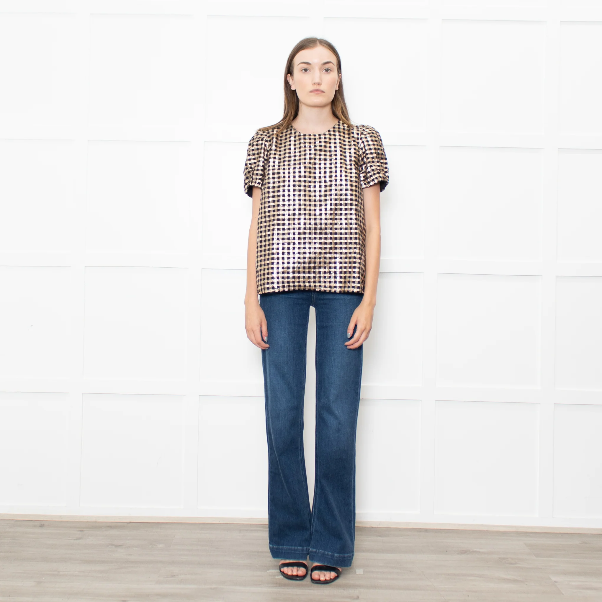 J Crew Gold Black Lurex Check Short Sleeved Top