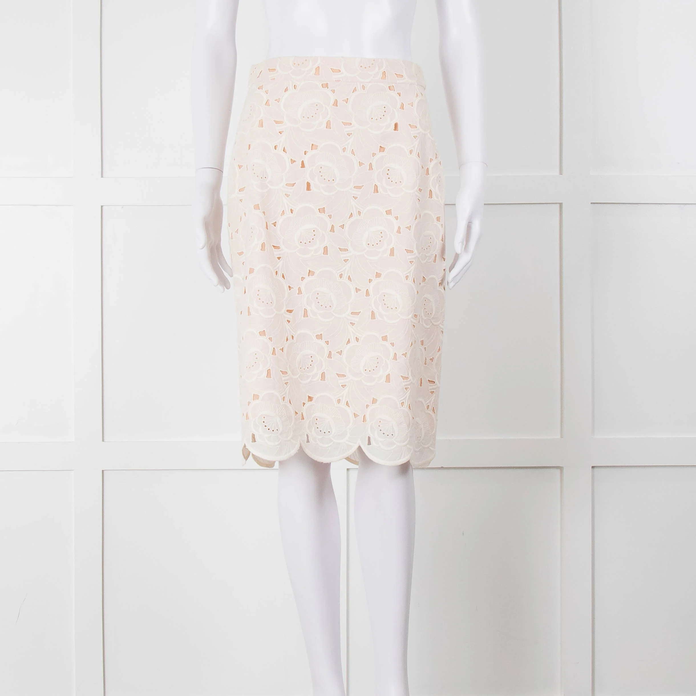 J Crew White Laser Cut Peach Lining Cotton Midi Skirt