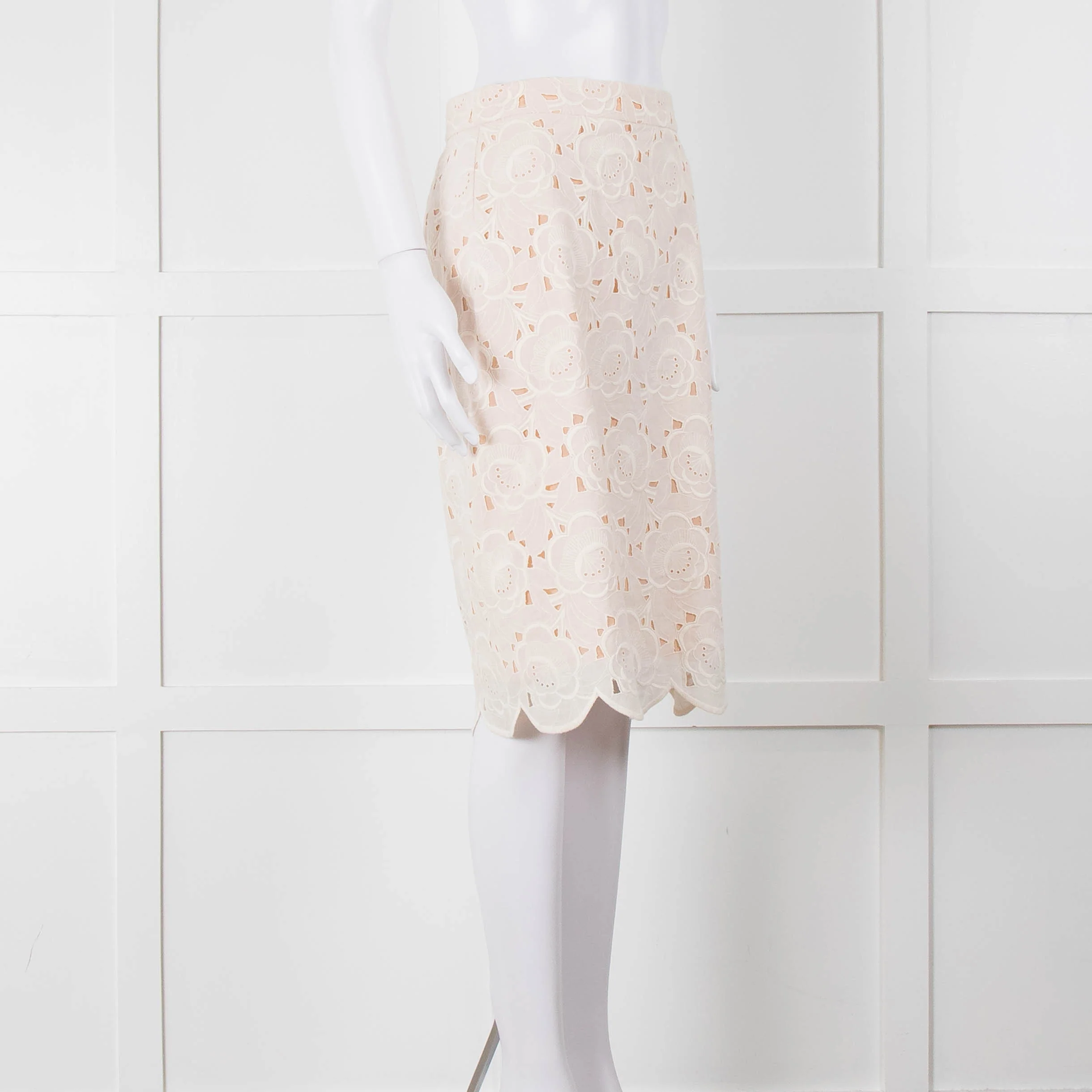 J Crew White Laser Cut Peach Lining Cotton Midi Skirt - Image 2