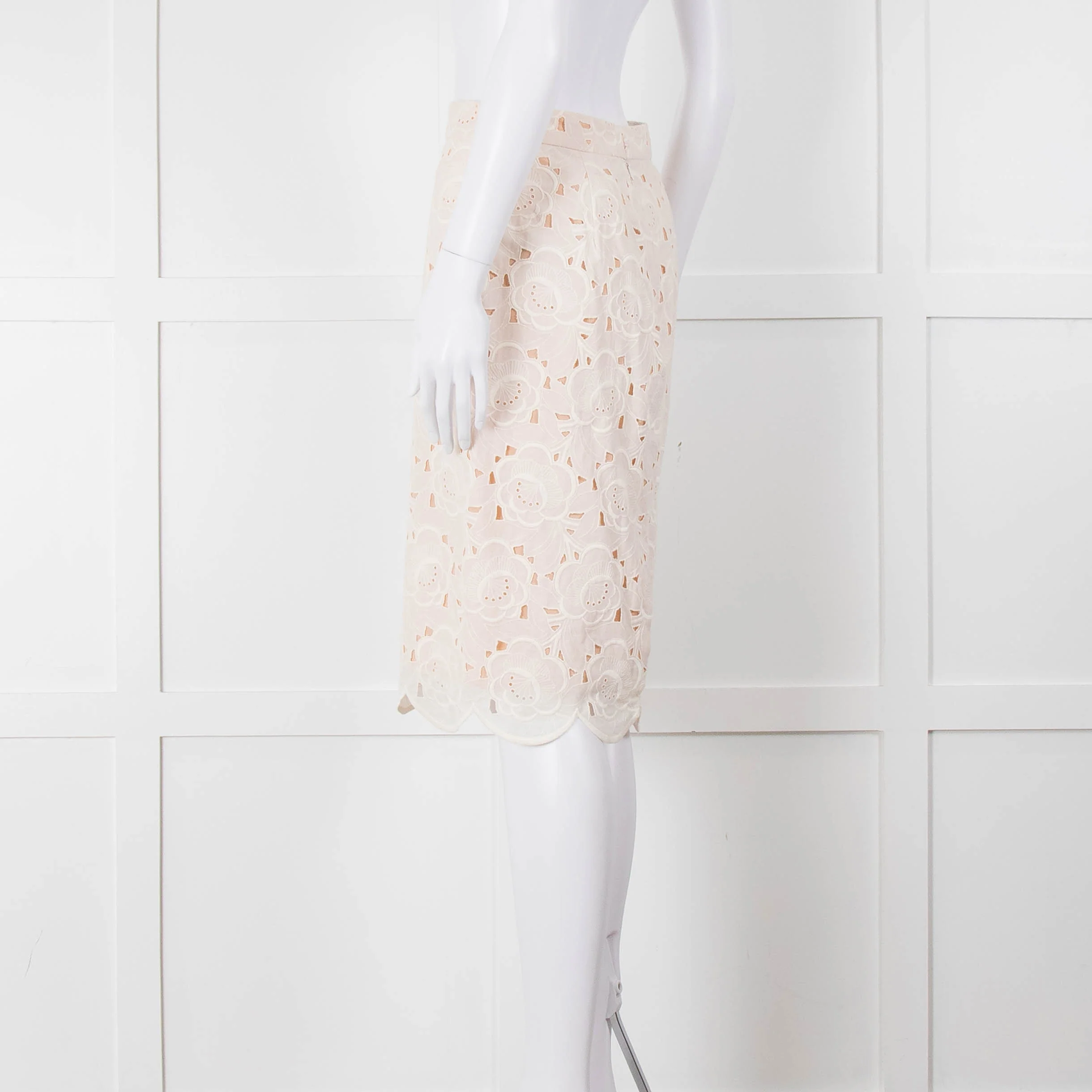 J Crew White Laser Cut Peach Lining Cotton Midi Skirt - Image 6