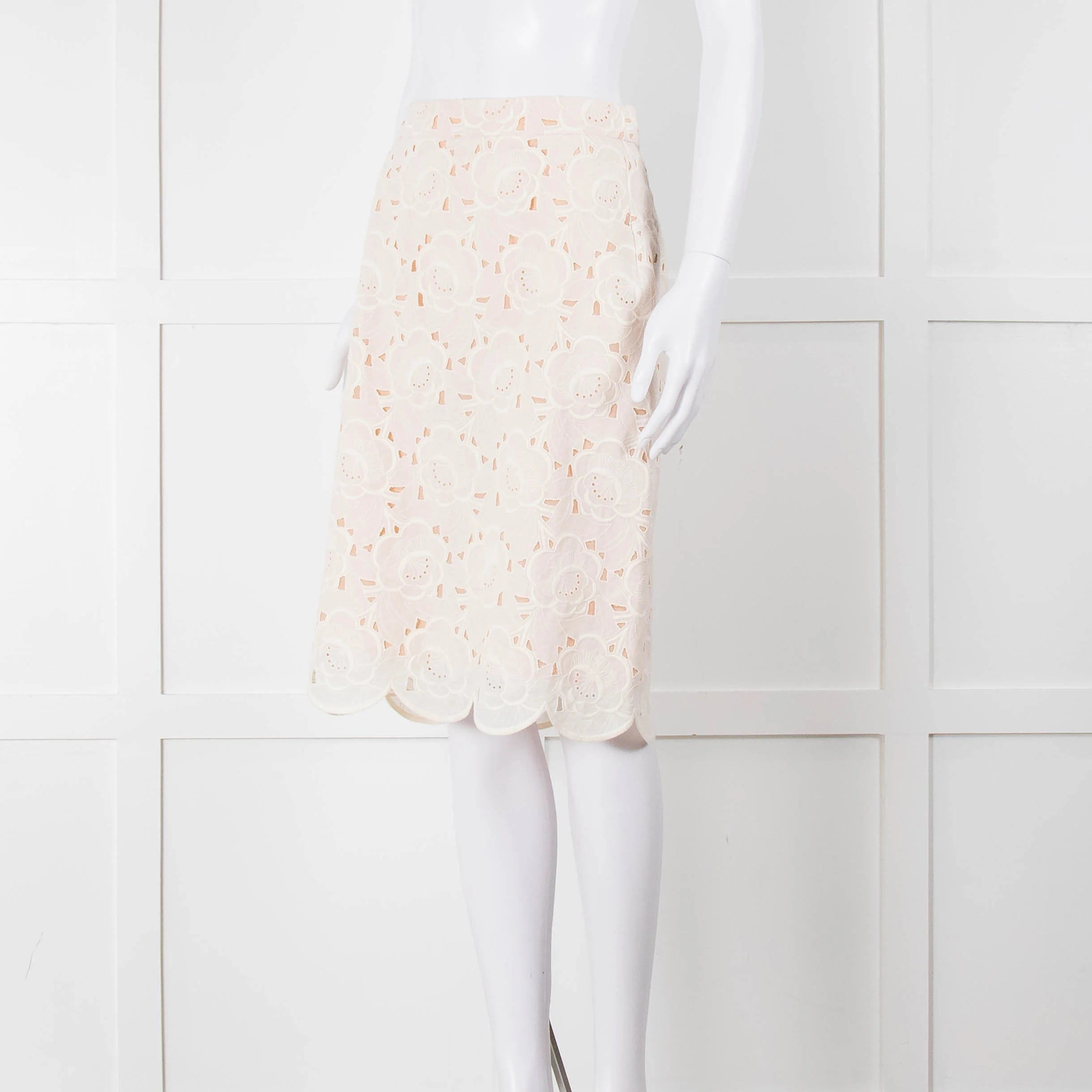 J Crew White Laser Cut Peach Lining Cotton Midi Skirt - Image 8