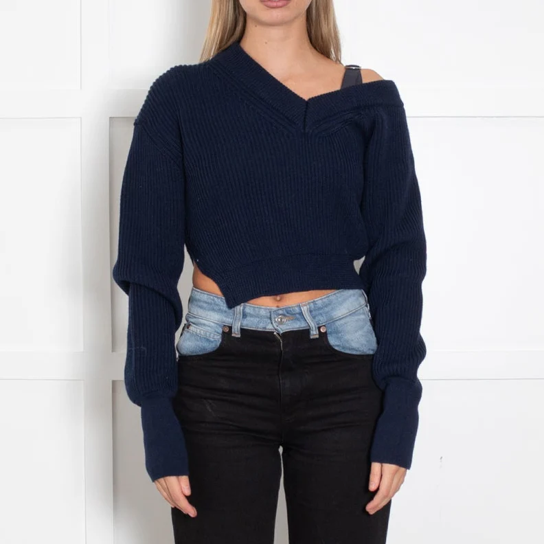 Jacquemus Navy Ribbed Deep V Crop Asymetric Jumper - Image 2