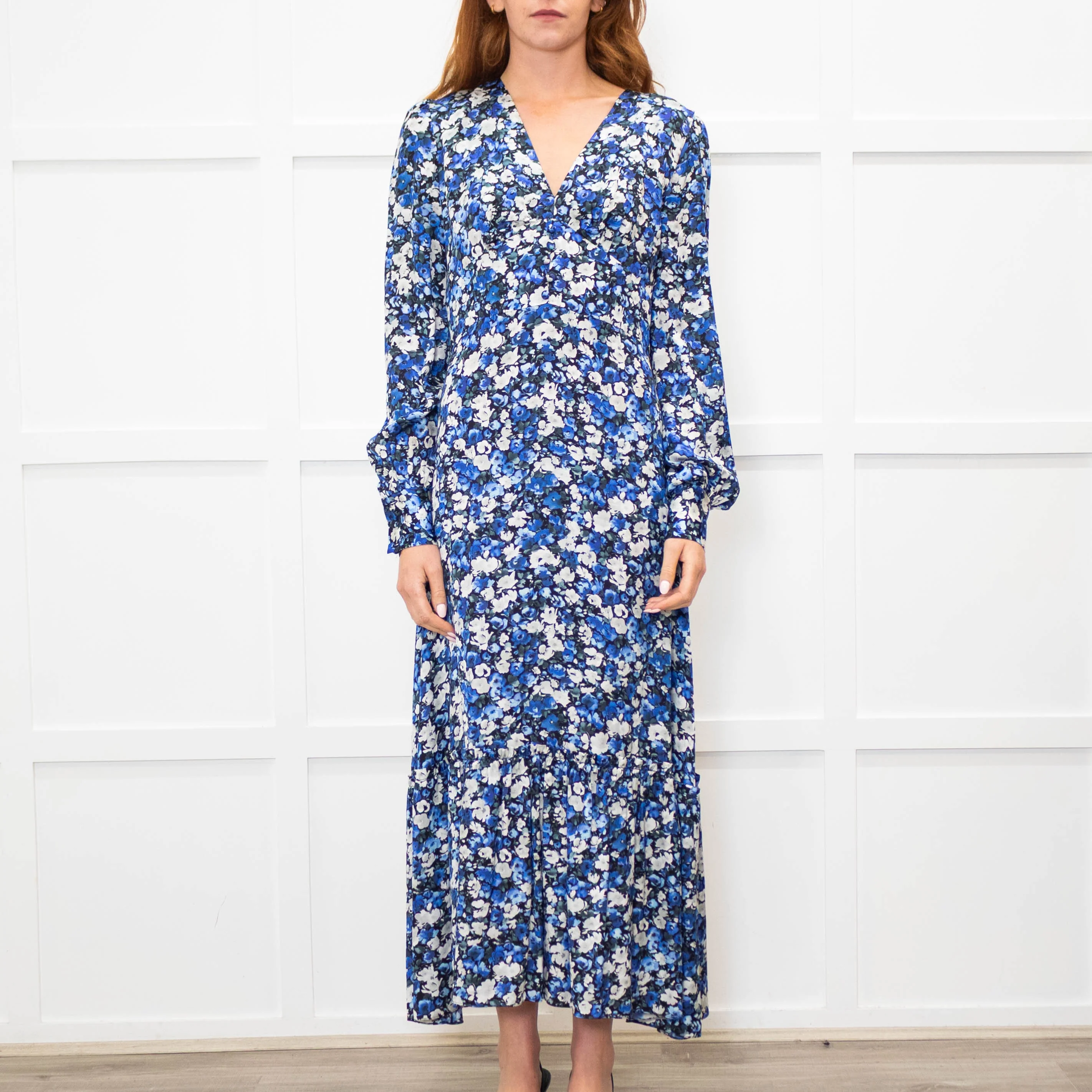 Jane Black Blue White Floral V-Neck Long Dress - Image 2