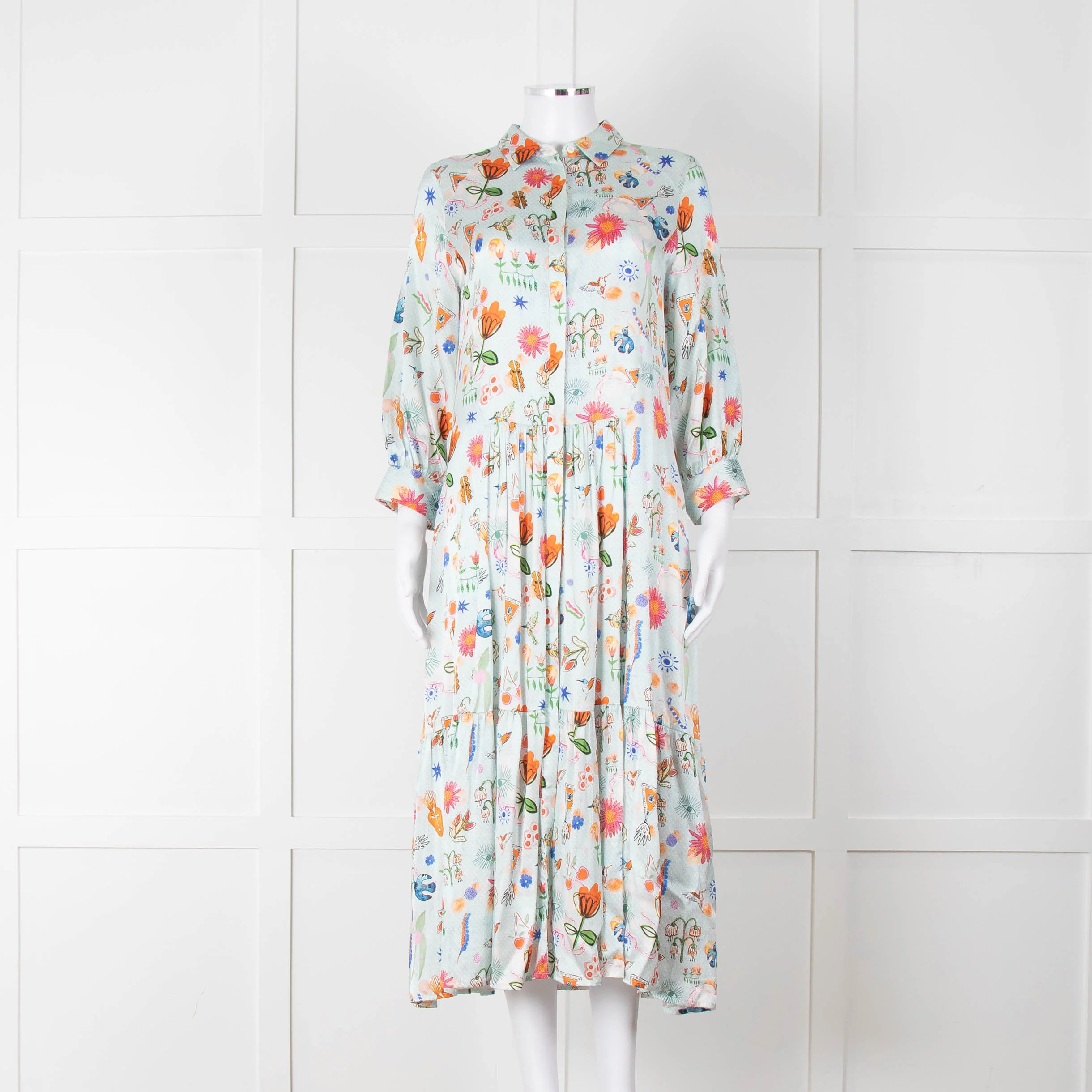 Jessica Russell Flint Pale Blue Orange Silk Buttoned Up Dress