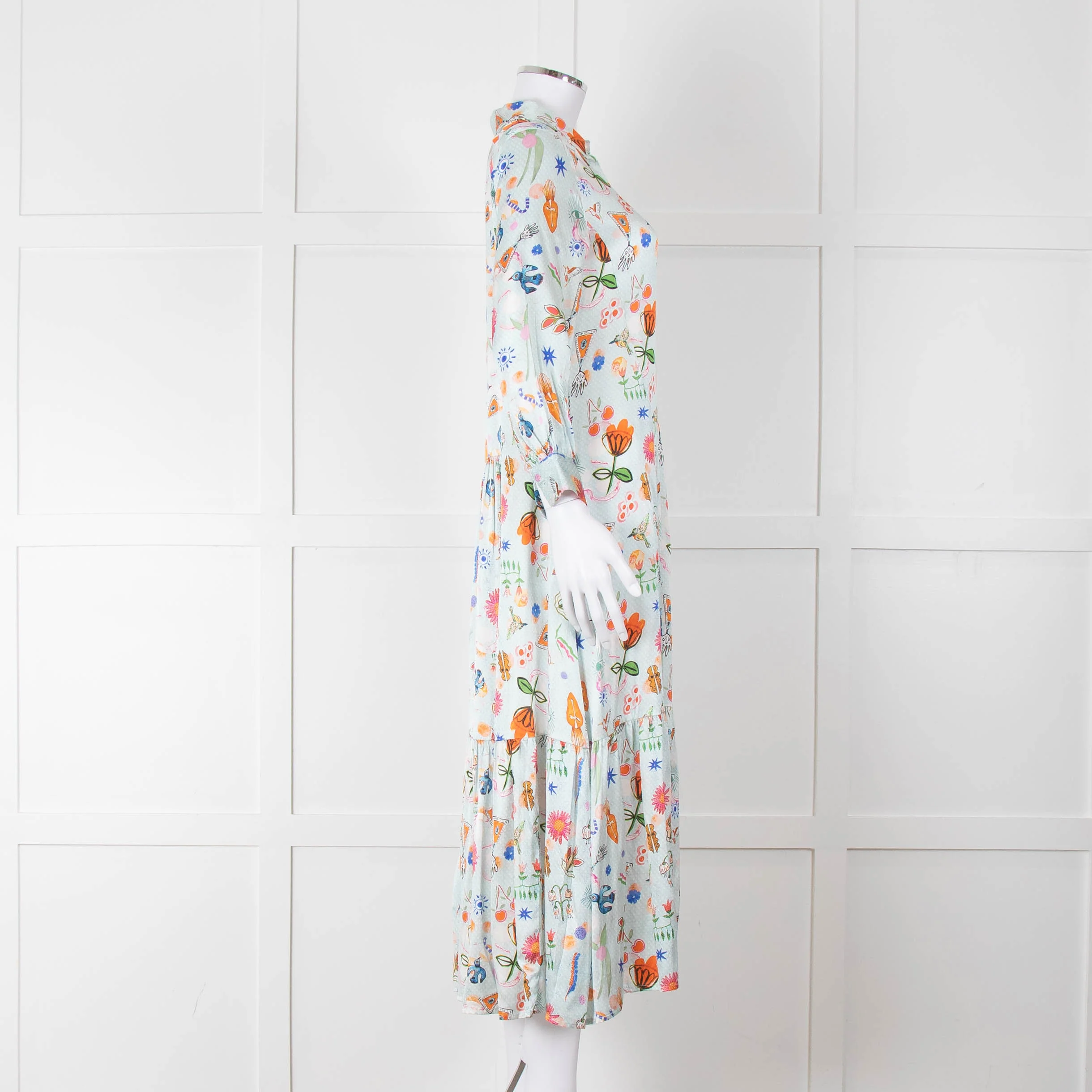 Jessica Russell Flint Pale Blue Orange Silk Buttoned Up Dress - Image 3