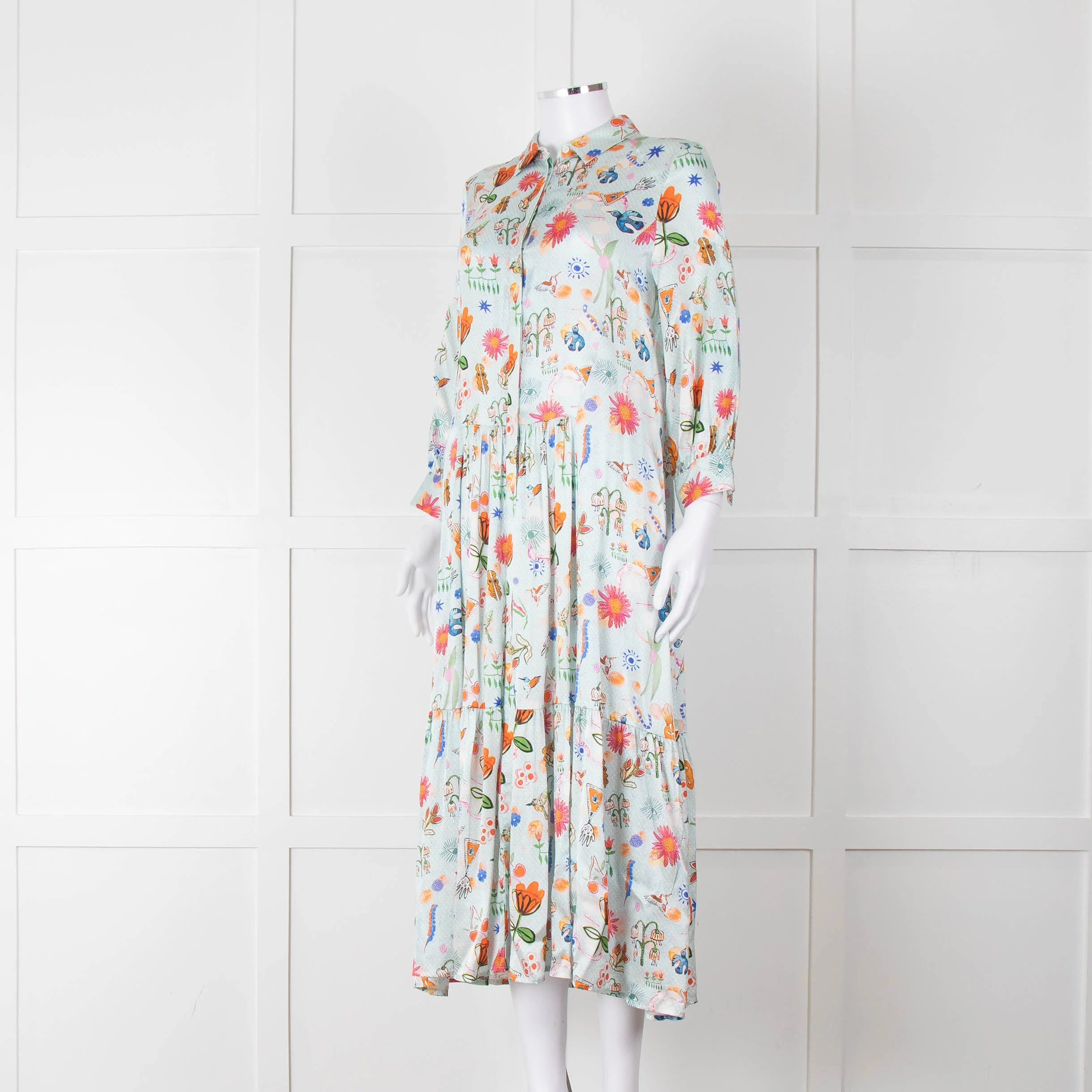 Jessica Russell Flint Pale Blue Orange Silk Buttoned Up Dress - Image 8