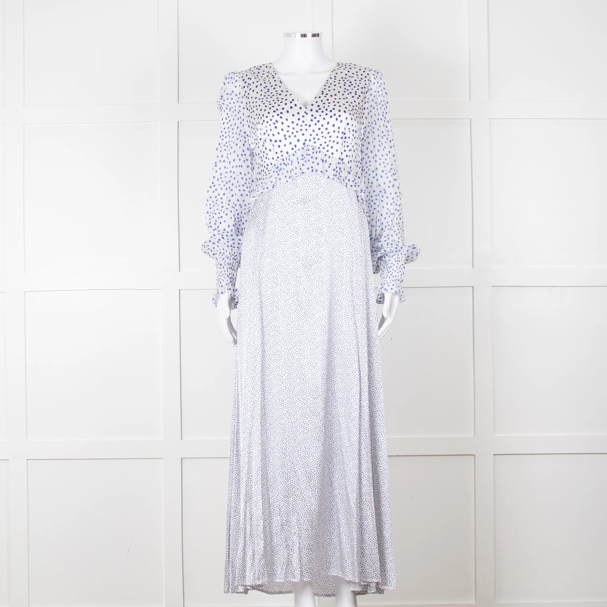 Jessica Russell Flint White Blue Dots Maxi Silk Dress