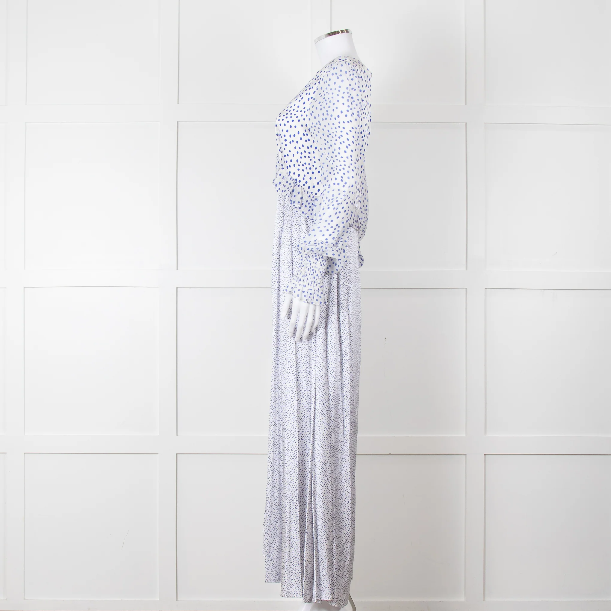 Jessica Russell Flint White Blue Dots Maxi Silk Dress - Image 3