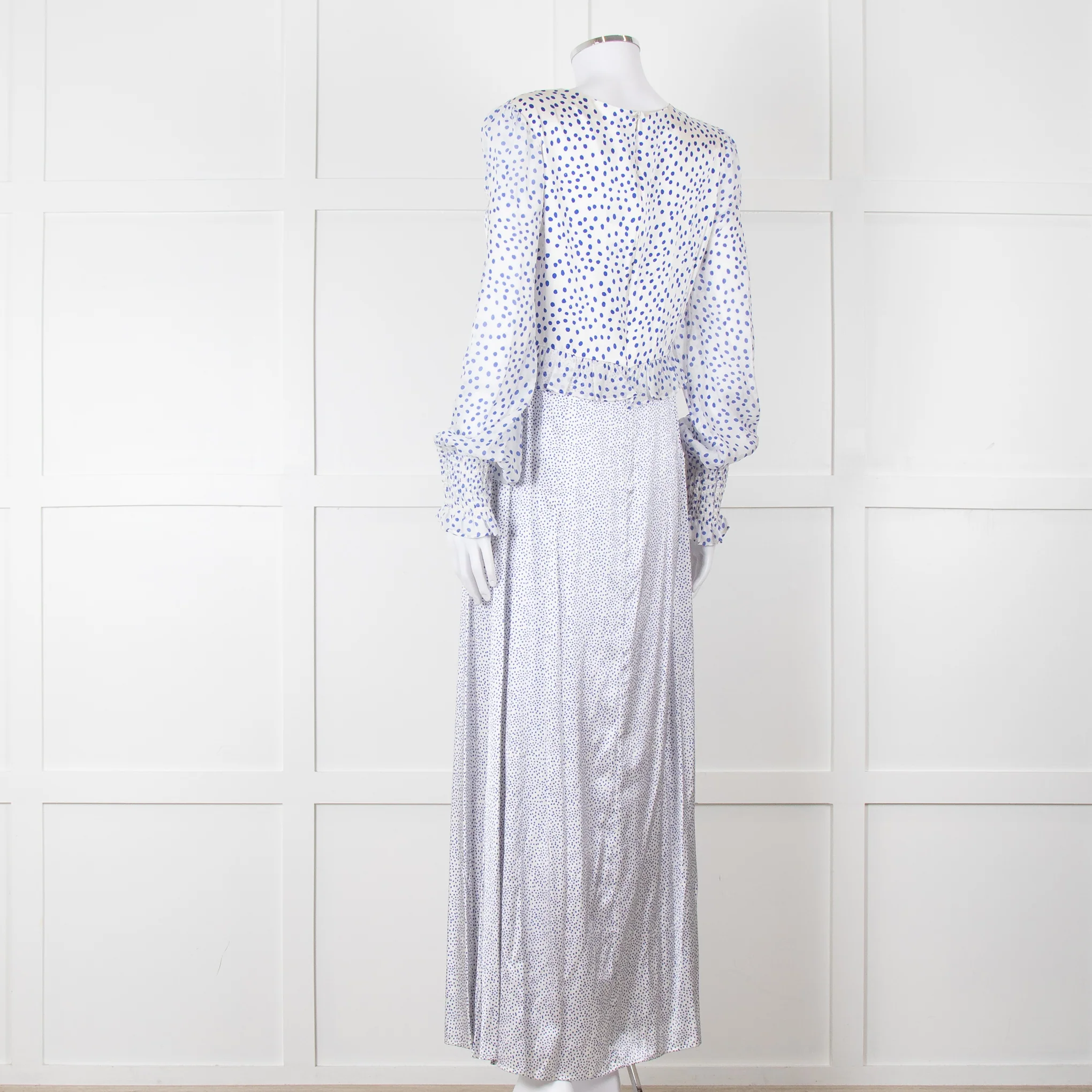 Jessica Russell Flint White Blue Dots Maxi Silk Dress - Image 4