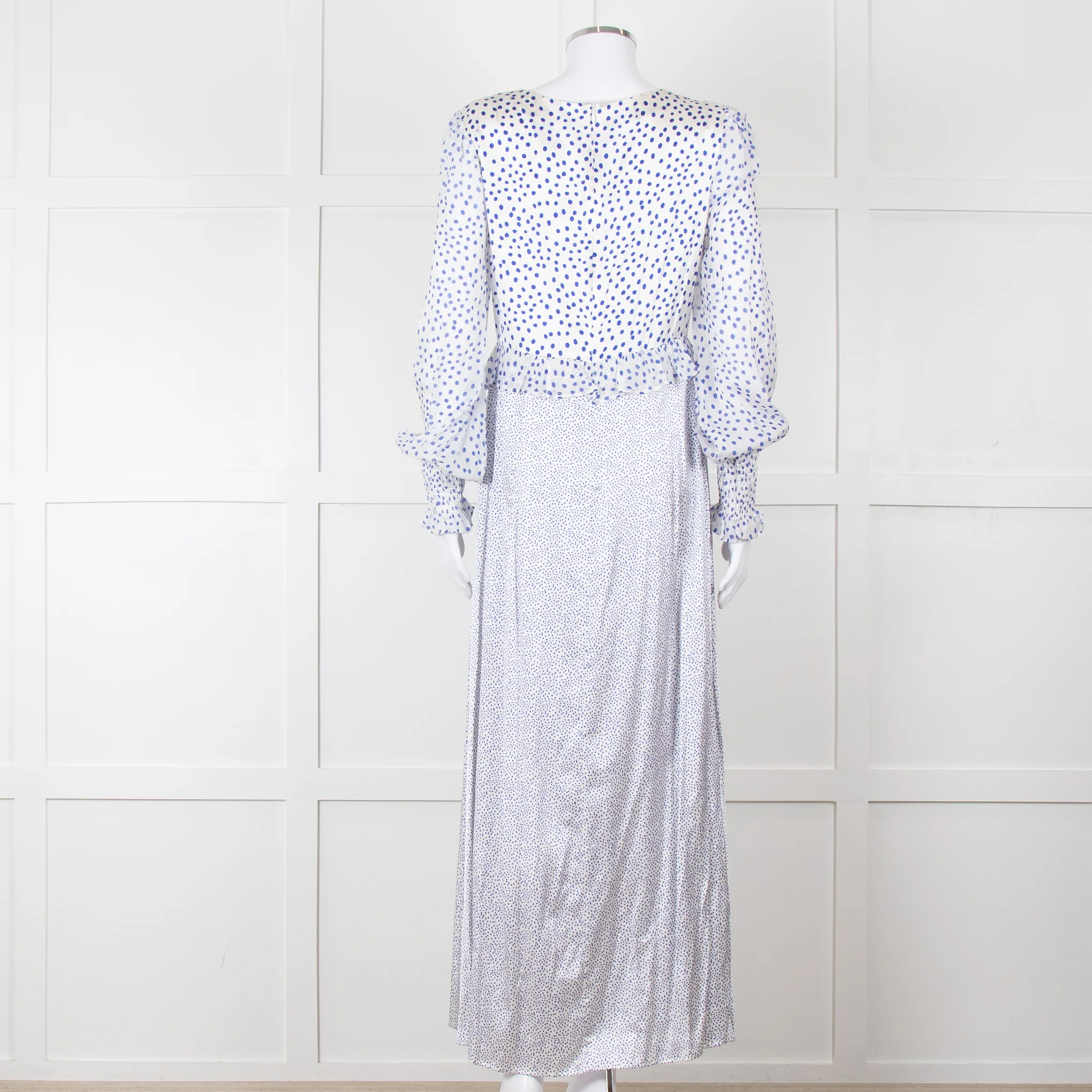 Jessica Russell Flint White Blue Dots Maxi Silk Dress - Image 5