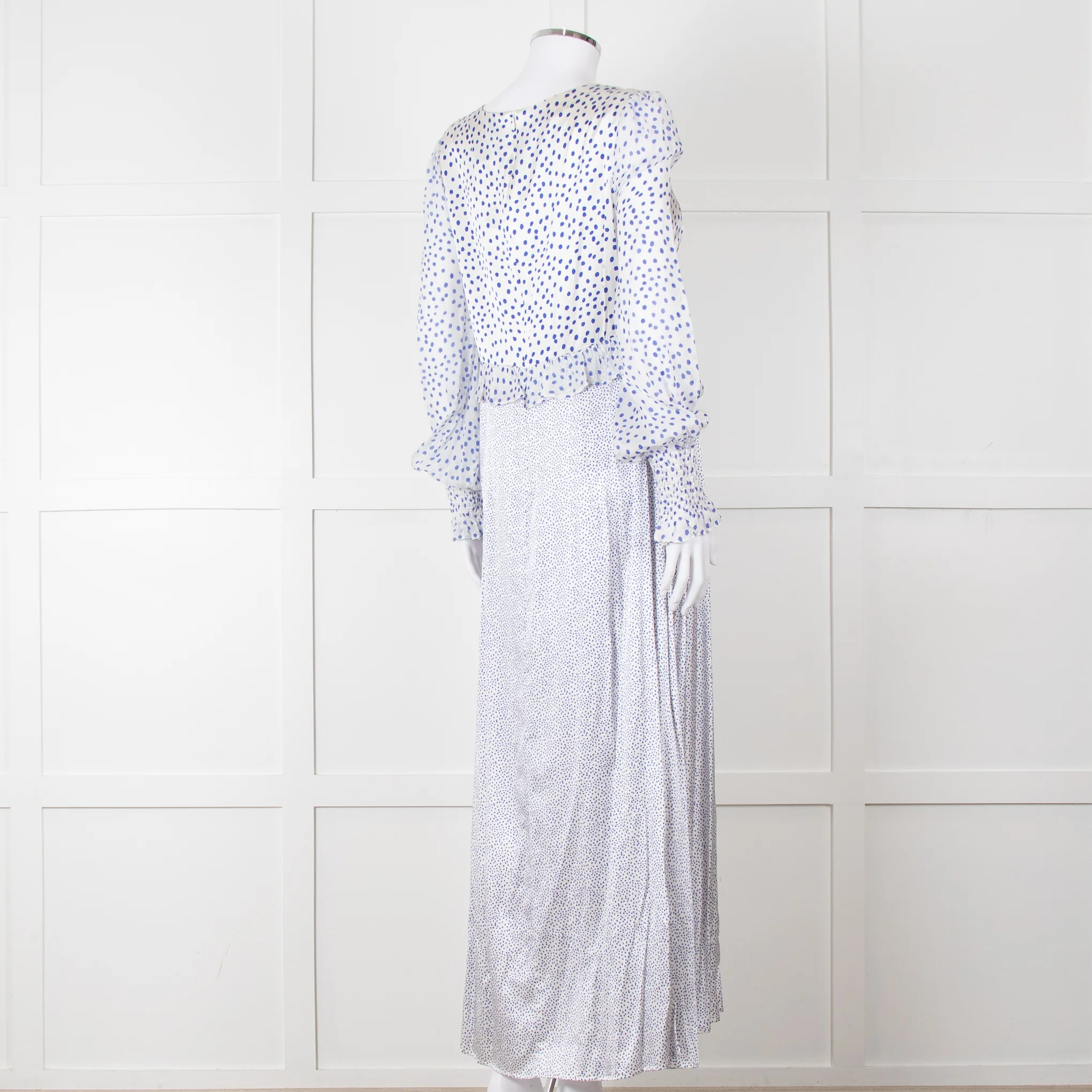 Jessica Russell Flint White Blue Dots Maxi Silk Dress - Image 6