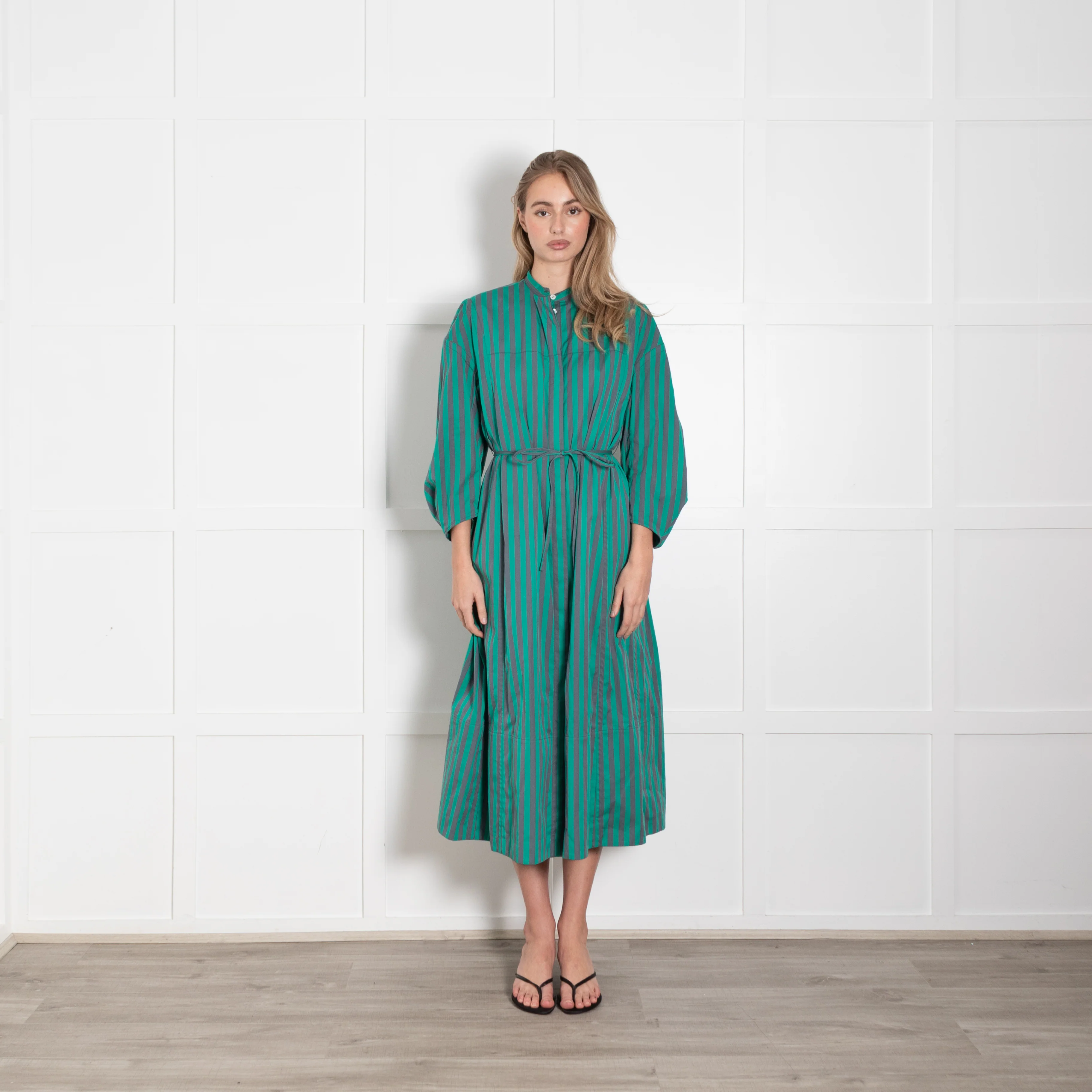 Jil Sander Green Grey Striped Cotton Long Sleeve Midi Dress