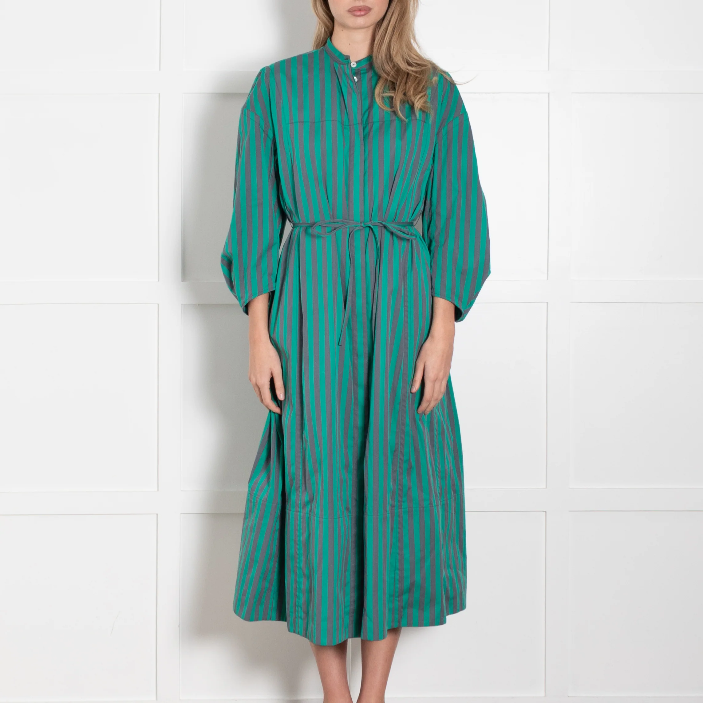 Jil Sander Green Grey Striped Cotton Long Sleeve Midi Dress - Image 2