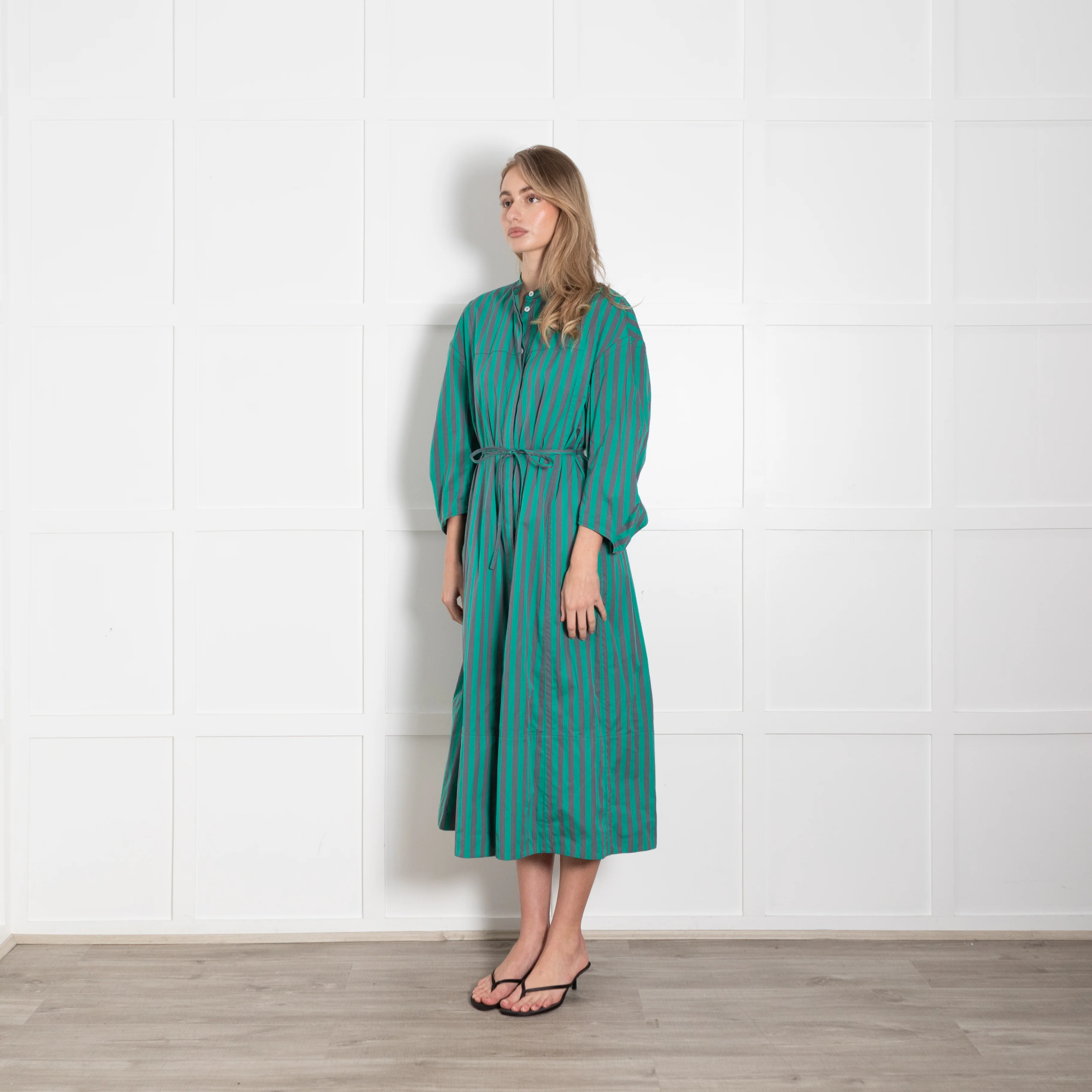 Jil Sander Green Grey Striped Cotton Long Sleeve Midi Dress - Image 3