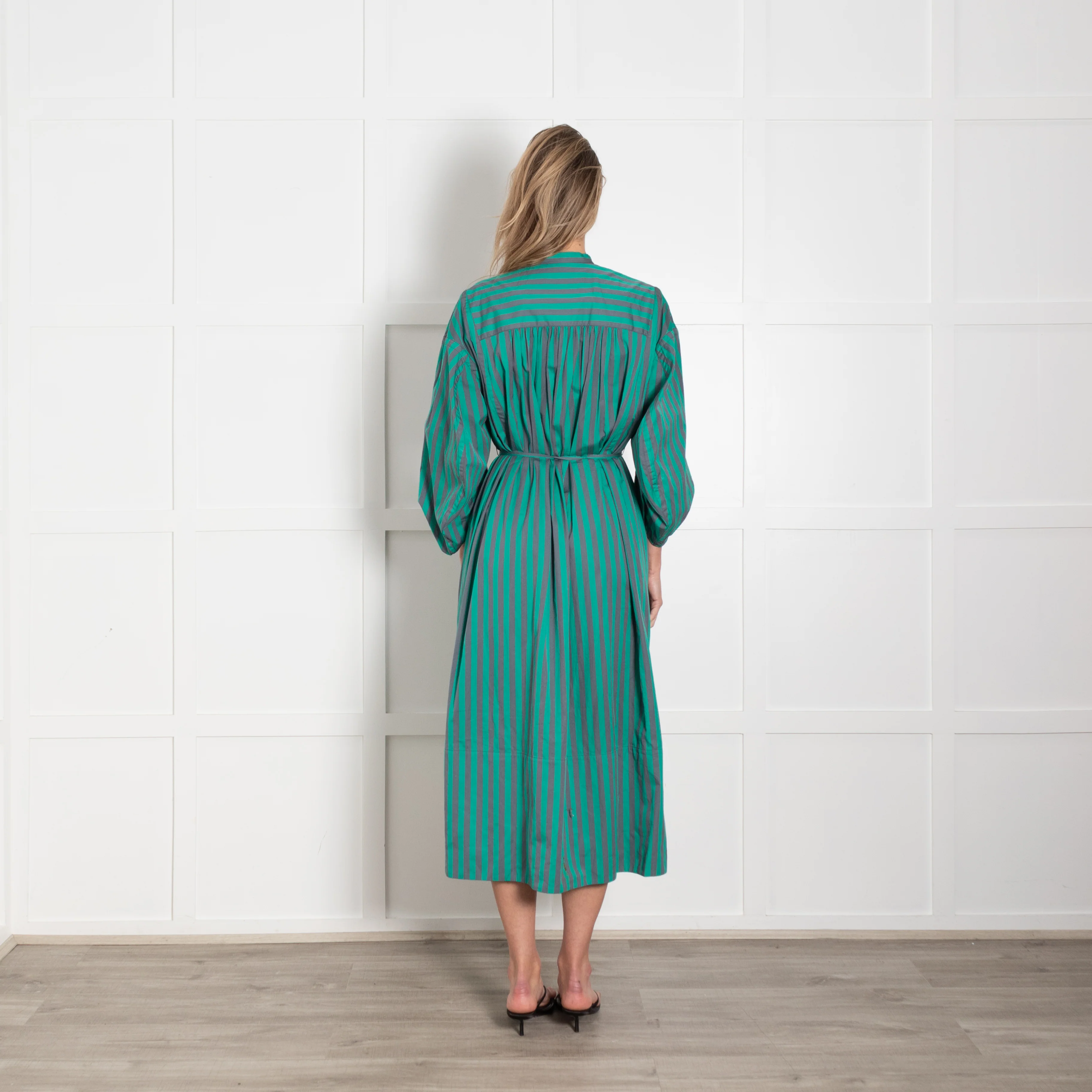 Jil Sander Green Grey Striped Cotton Long Sleeve Midi Dress - Image 5