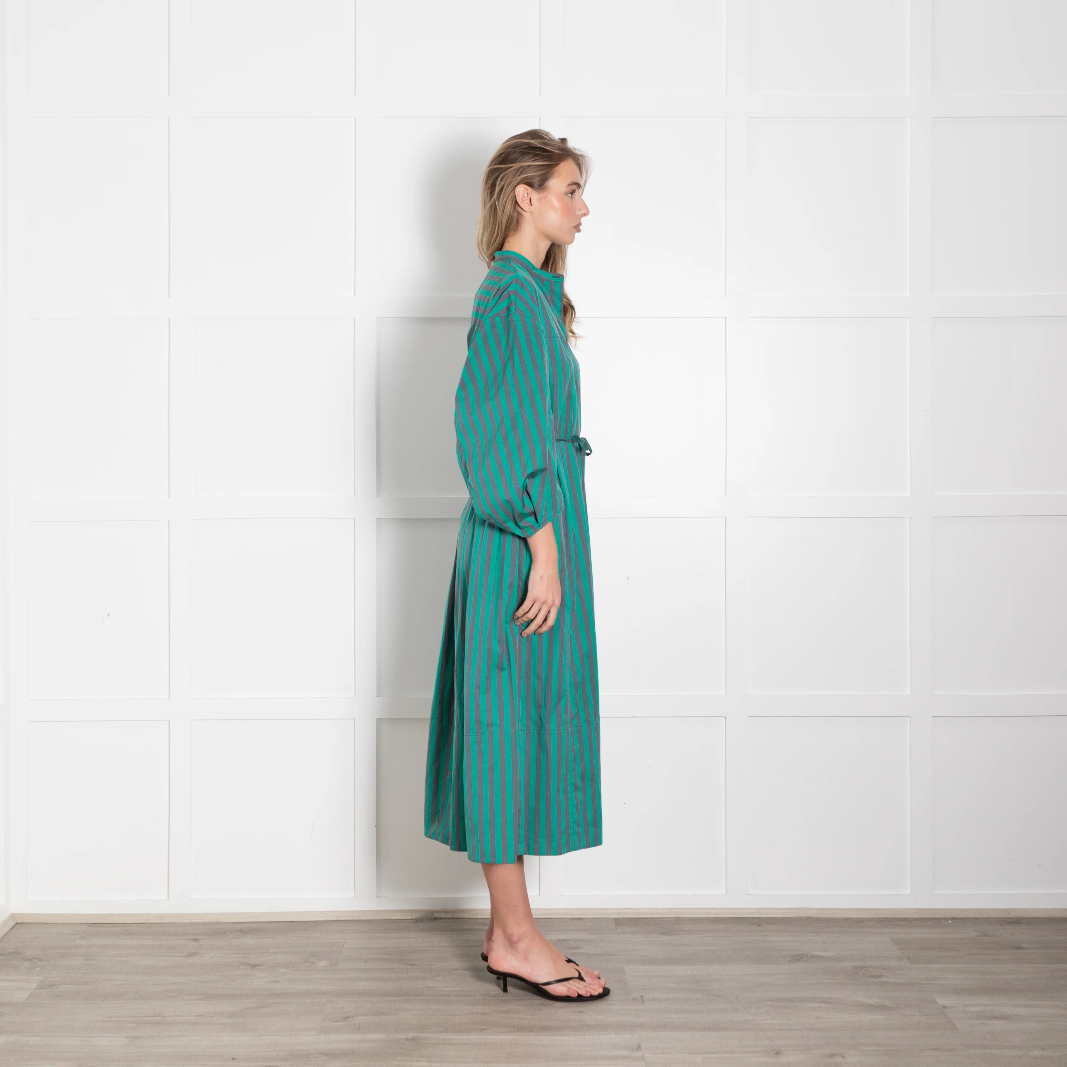 Jil Sander Green Grey Striped Cotton Long Sleeve Midi Dress - Image 6