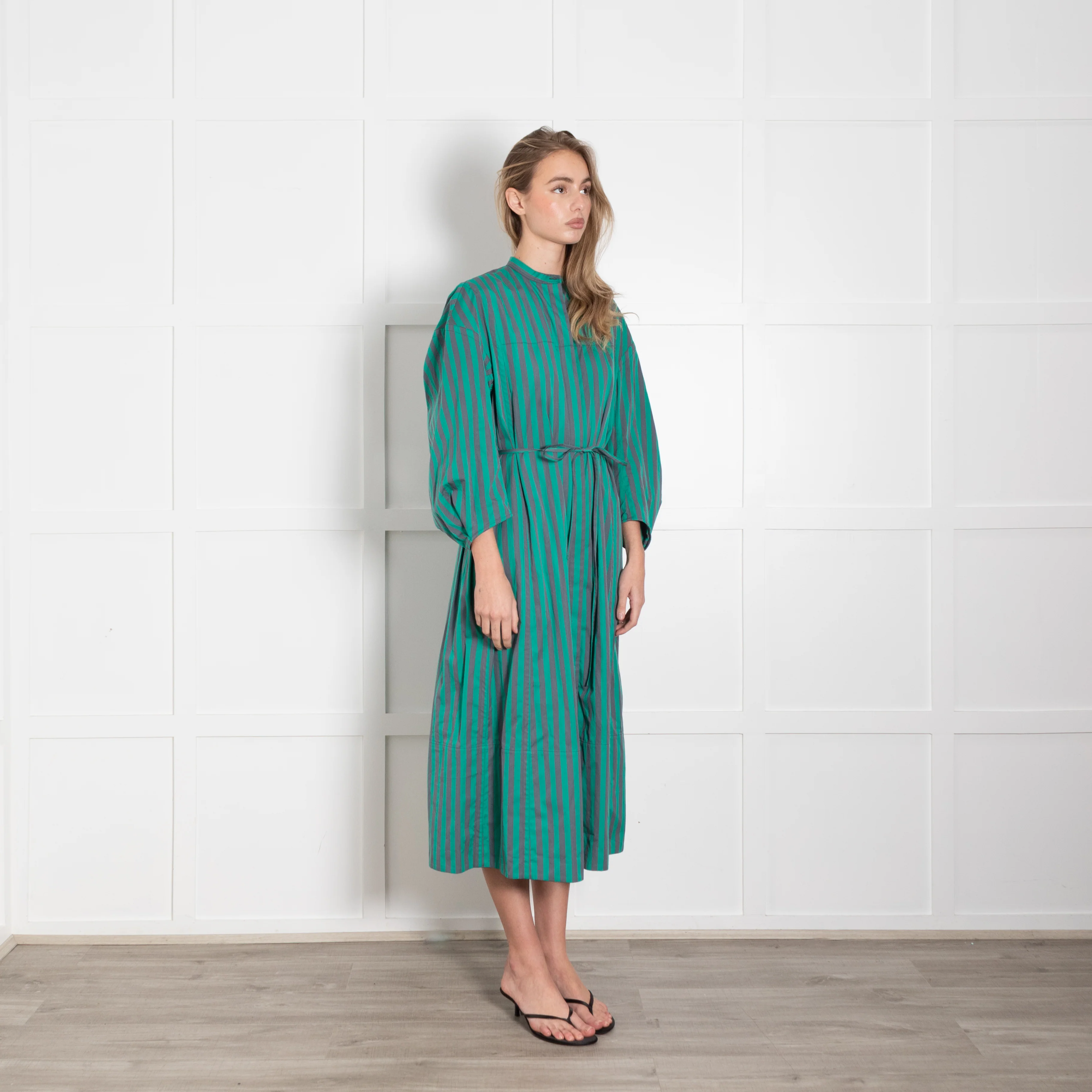 Jil Sander Green Grey Striped Cotton Long Sleeve Midi Dress - Image 7