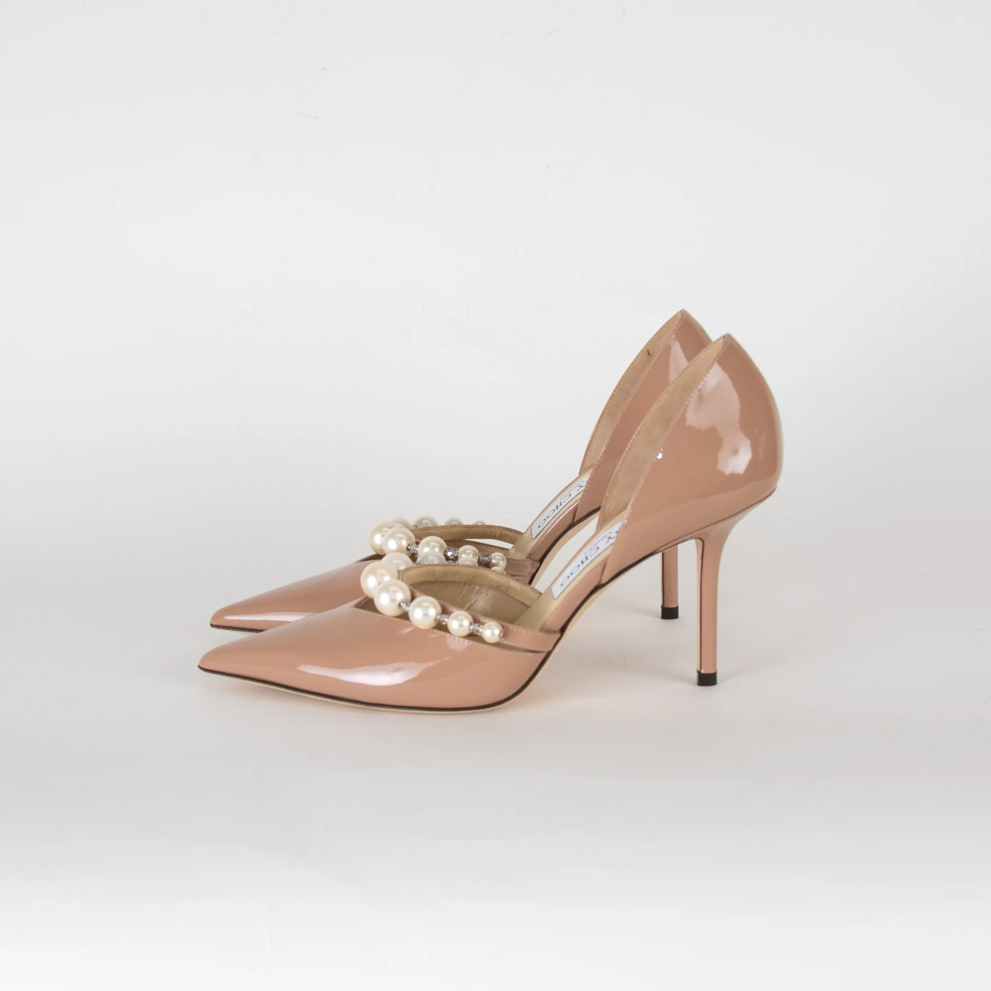 Jimmy Choo Aurelie Beige Patent Pearl and Crystal Heels - Image 4