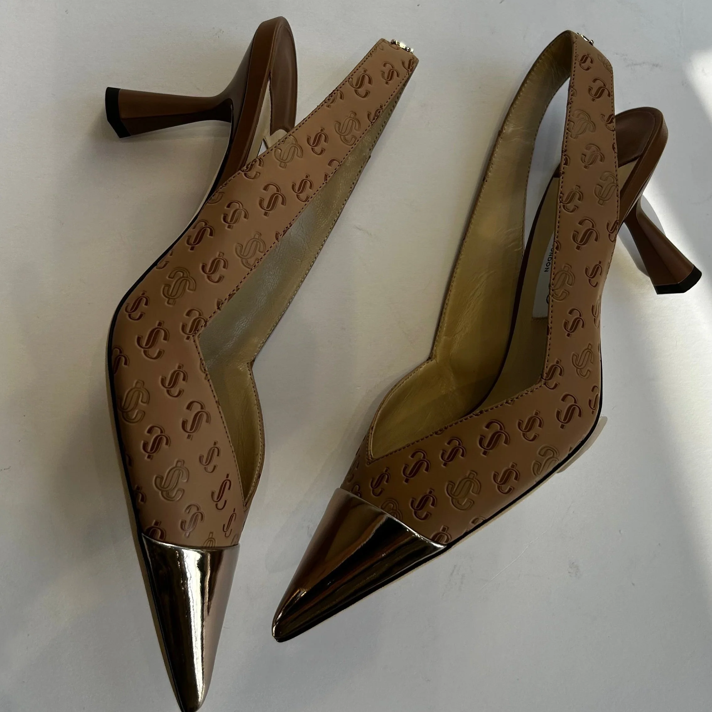 Jimmy Choo Beige Sunkissed Caramel Liya Pointed Slingback with Embossed Logo - Image 8