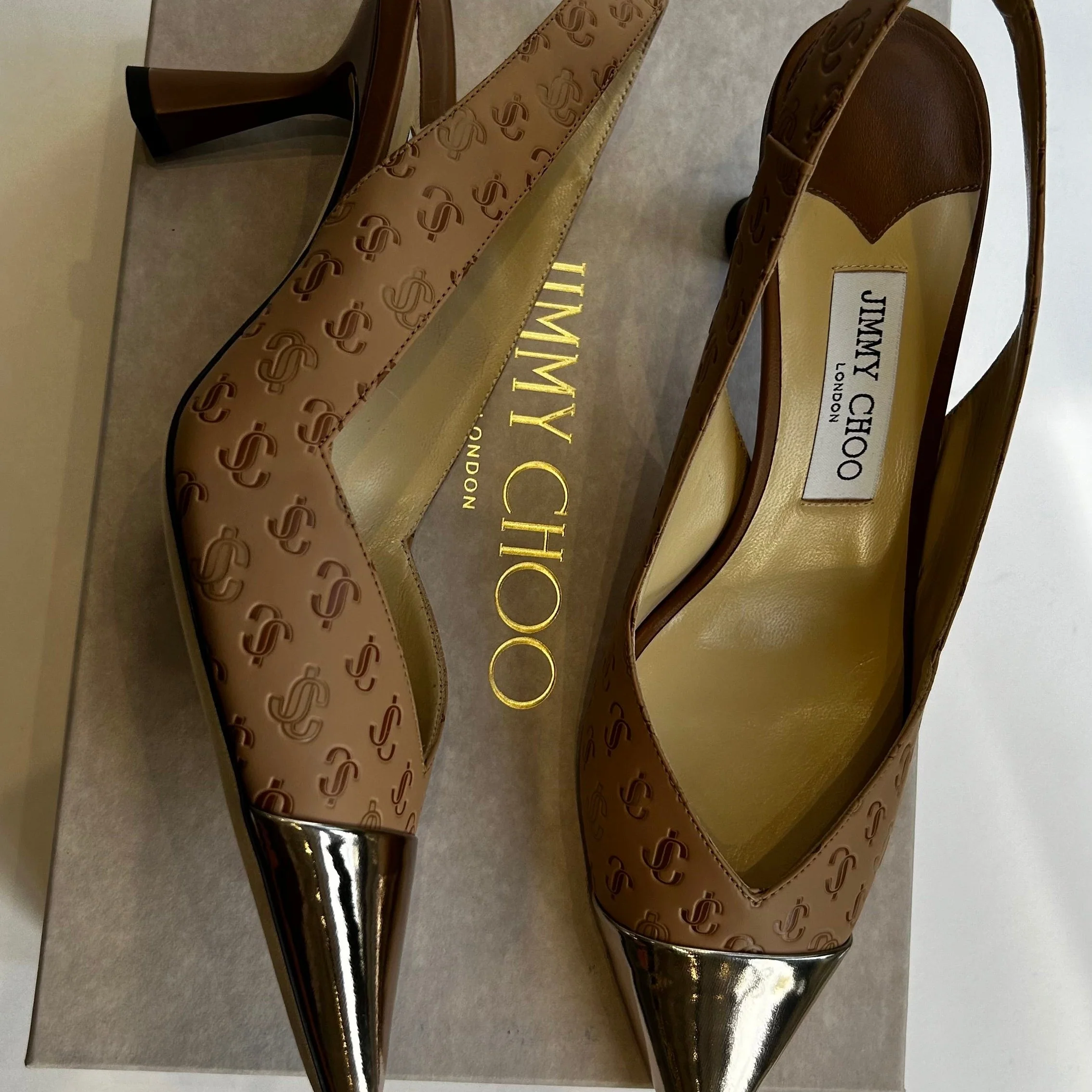 Jimmy Choo Beige Sunkissed Caramel Liya Pointed Slingback with Embossed Logo - Image 9