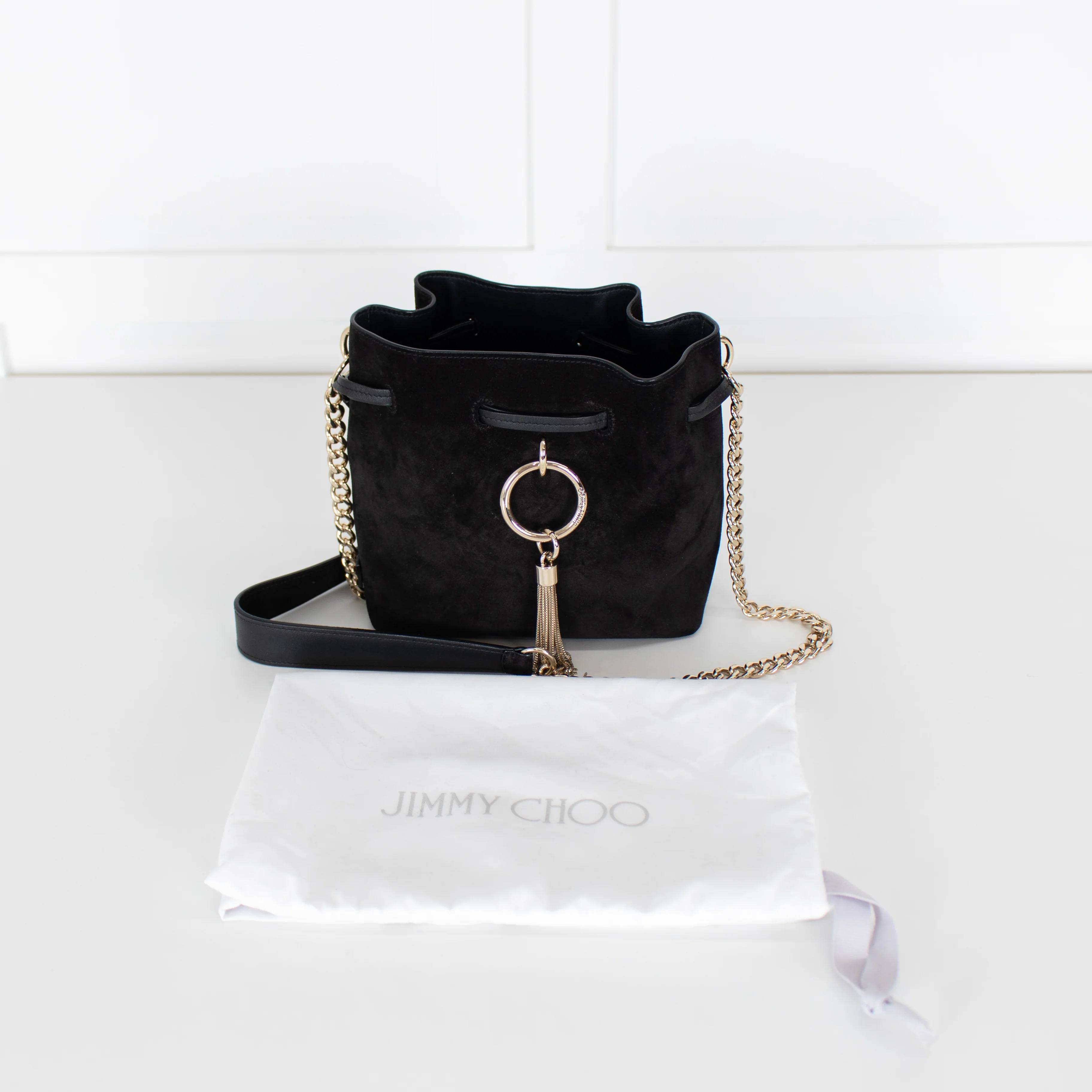 Jimmy Choo Black Suede Bucket Bag with Gold Tassel - Image 2